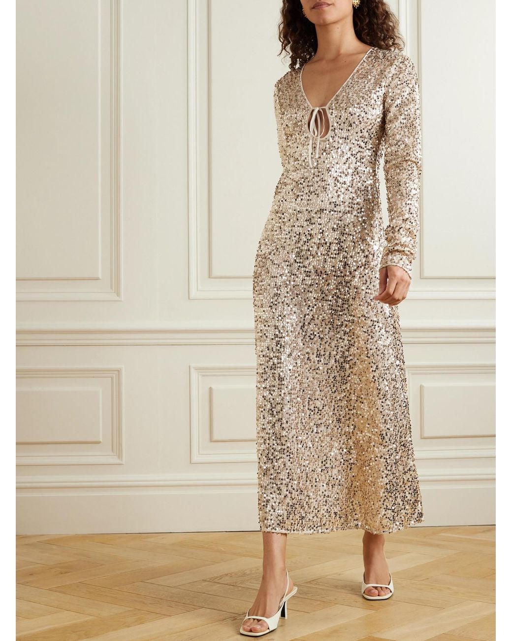 ROTATE BIRGER CHRISTENSEN Natural Sequined Recycled-Tulle Midi Dress