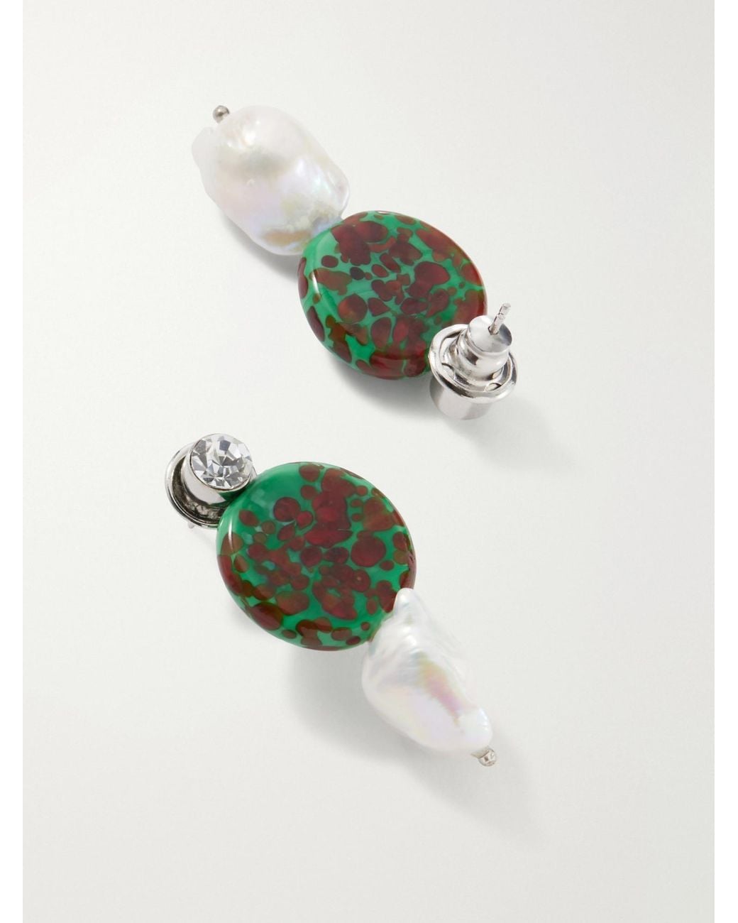 Dries Van Noten Green Tone, Glass And Pearl Earrings