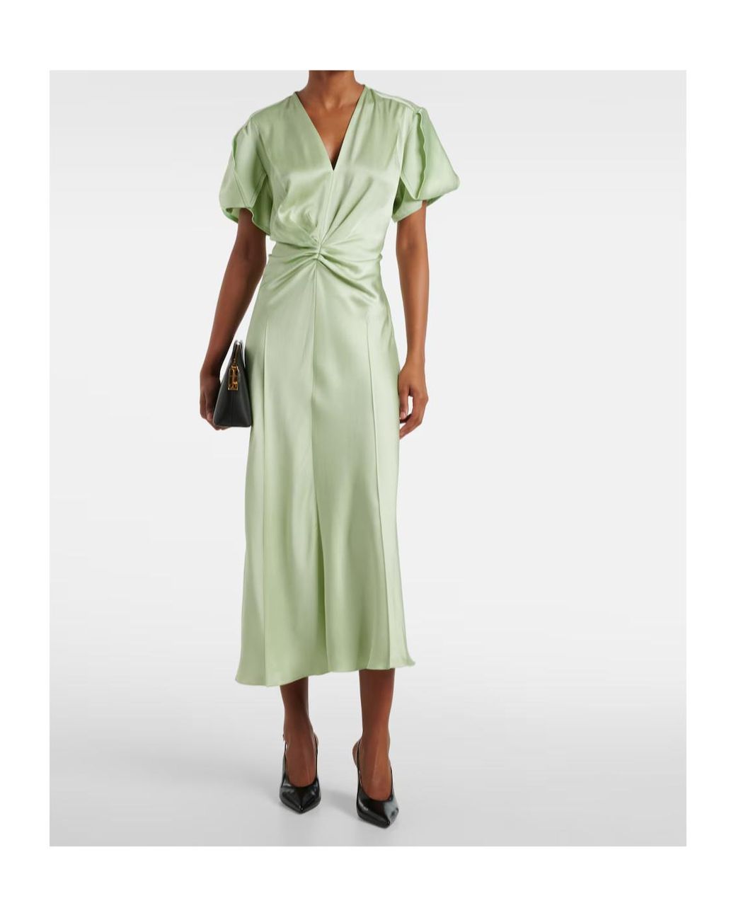 Victoria Beckham Green Gathered Crepe Satin Midi Dress