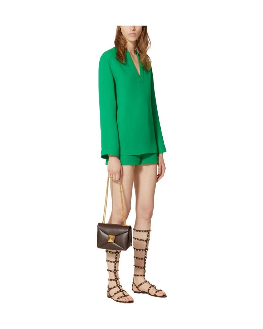 Valentino Green High-Waisted Silk Tailored Shorts