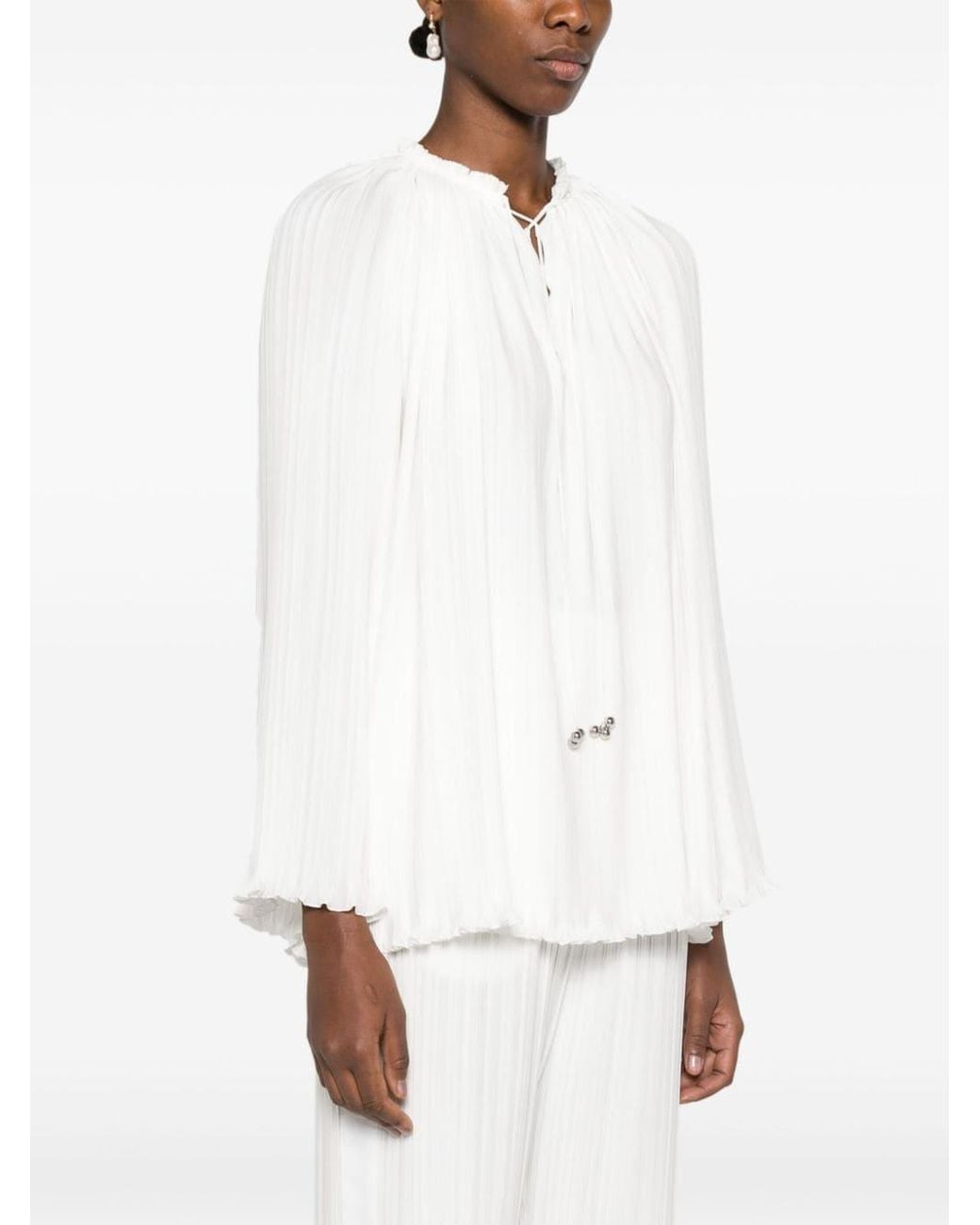 Lanvin White Pleated Effect Lace-Up Blouse