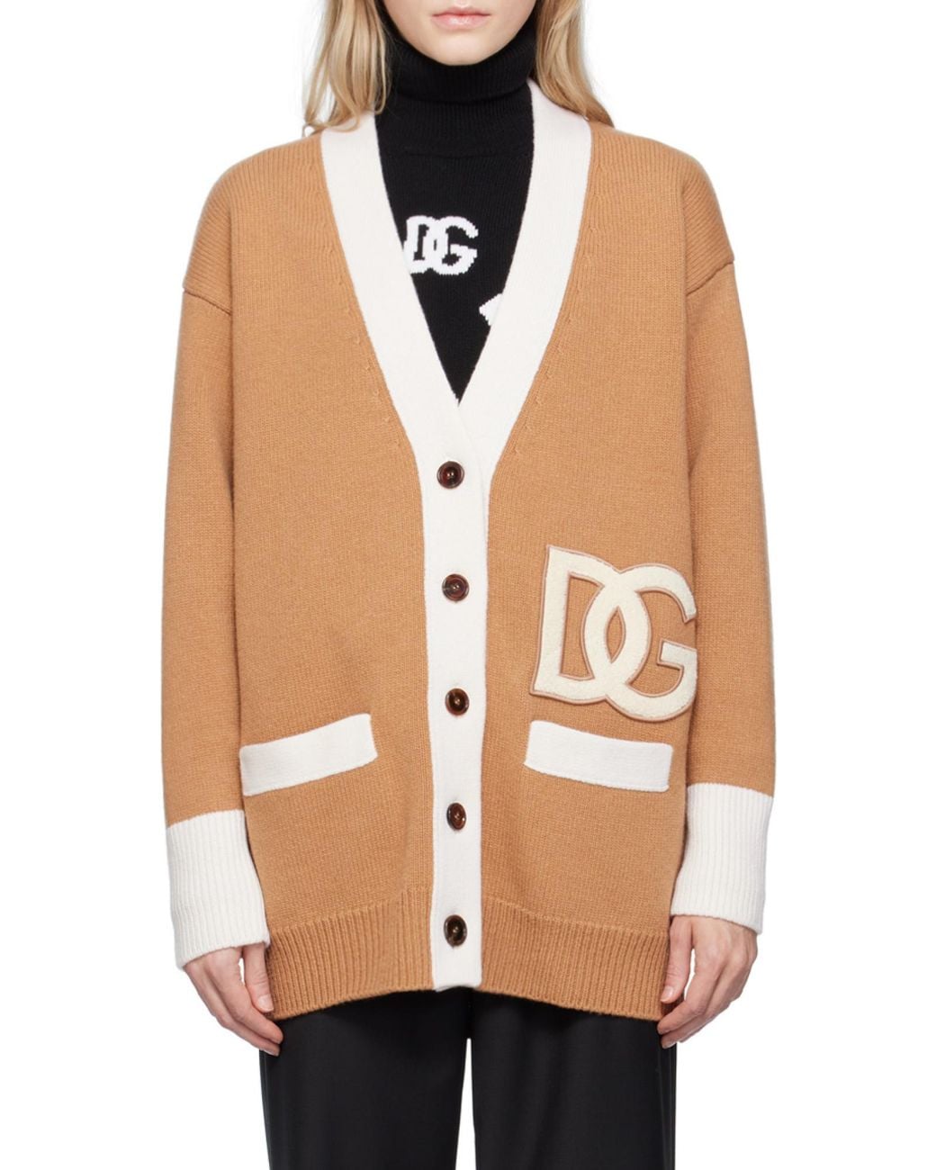 Dolce & Gabbana Natural Logo Patch V-Neck Cardigan