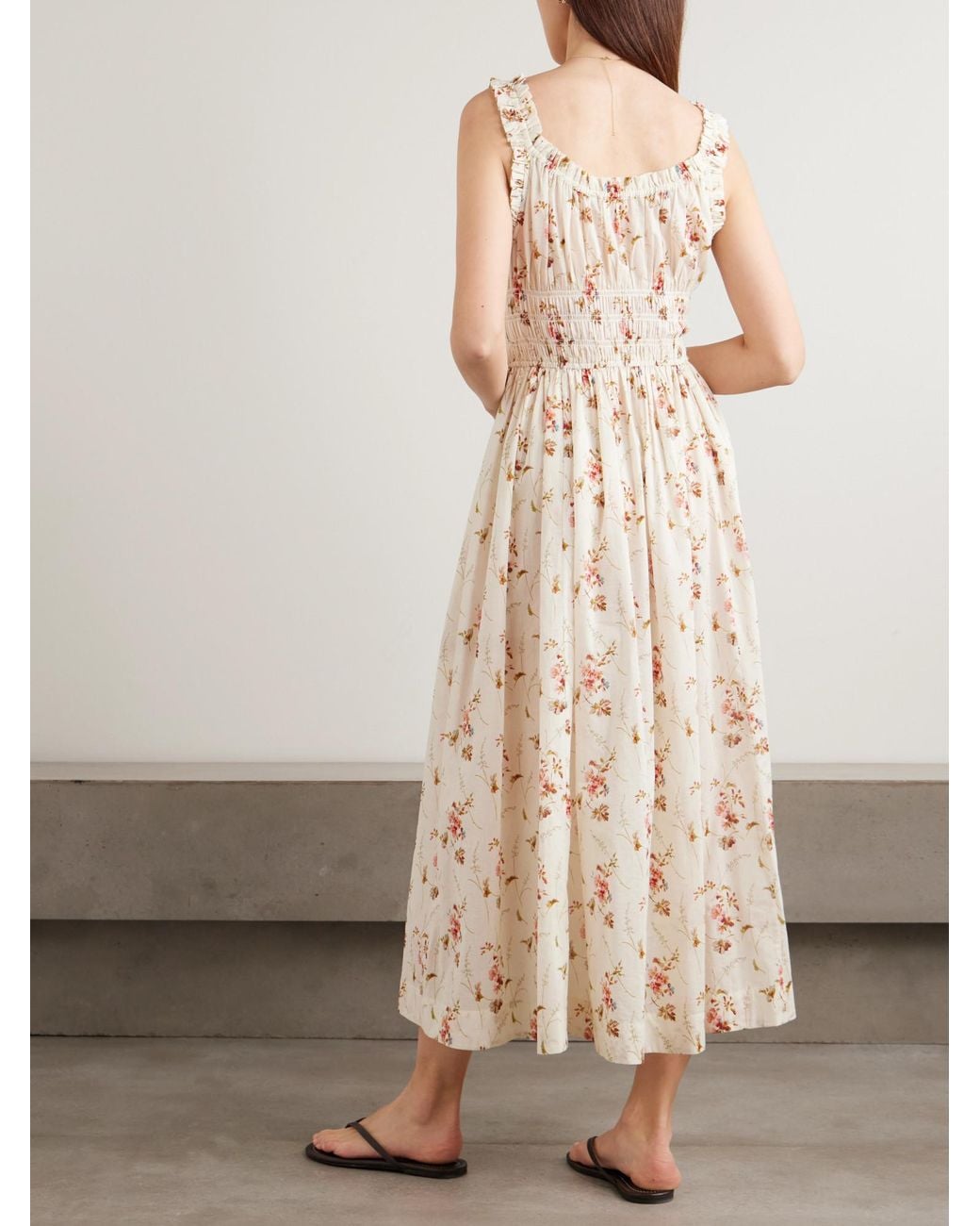 Doen Natural Tie-Detailed Shirred Floral-Print Organic Cotton Midi Dress
