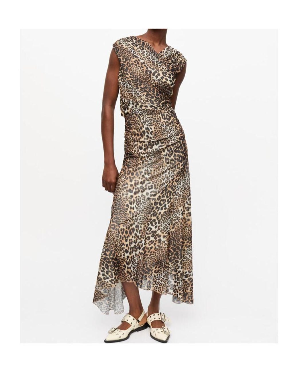 Ganni Natural Leopard Ruched V-Neck Dress