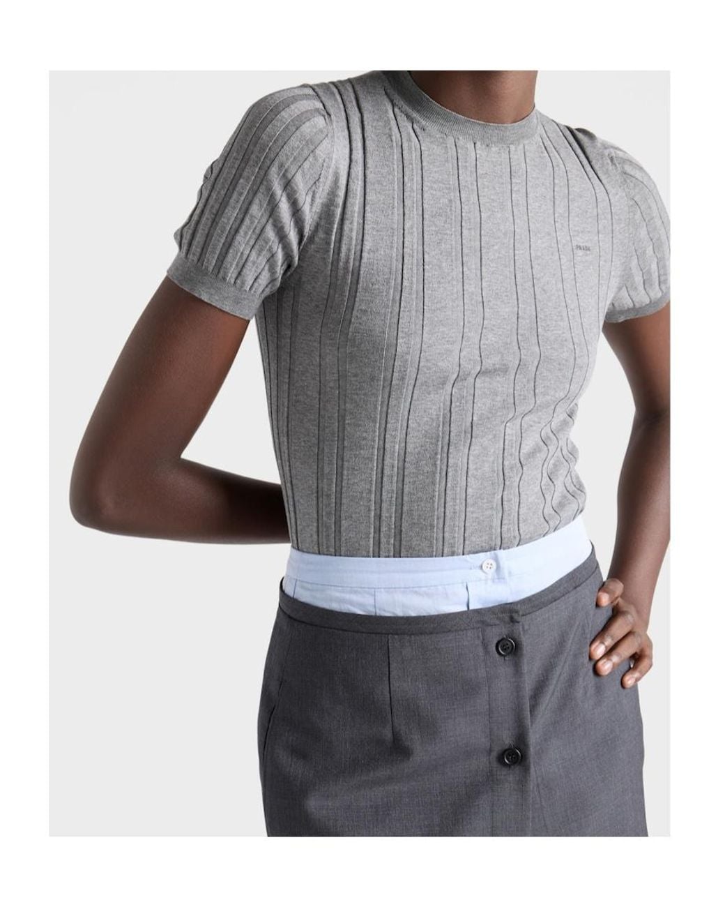 Prada Gray Short-Sleeved Ribbed Knit Cotton Sweater