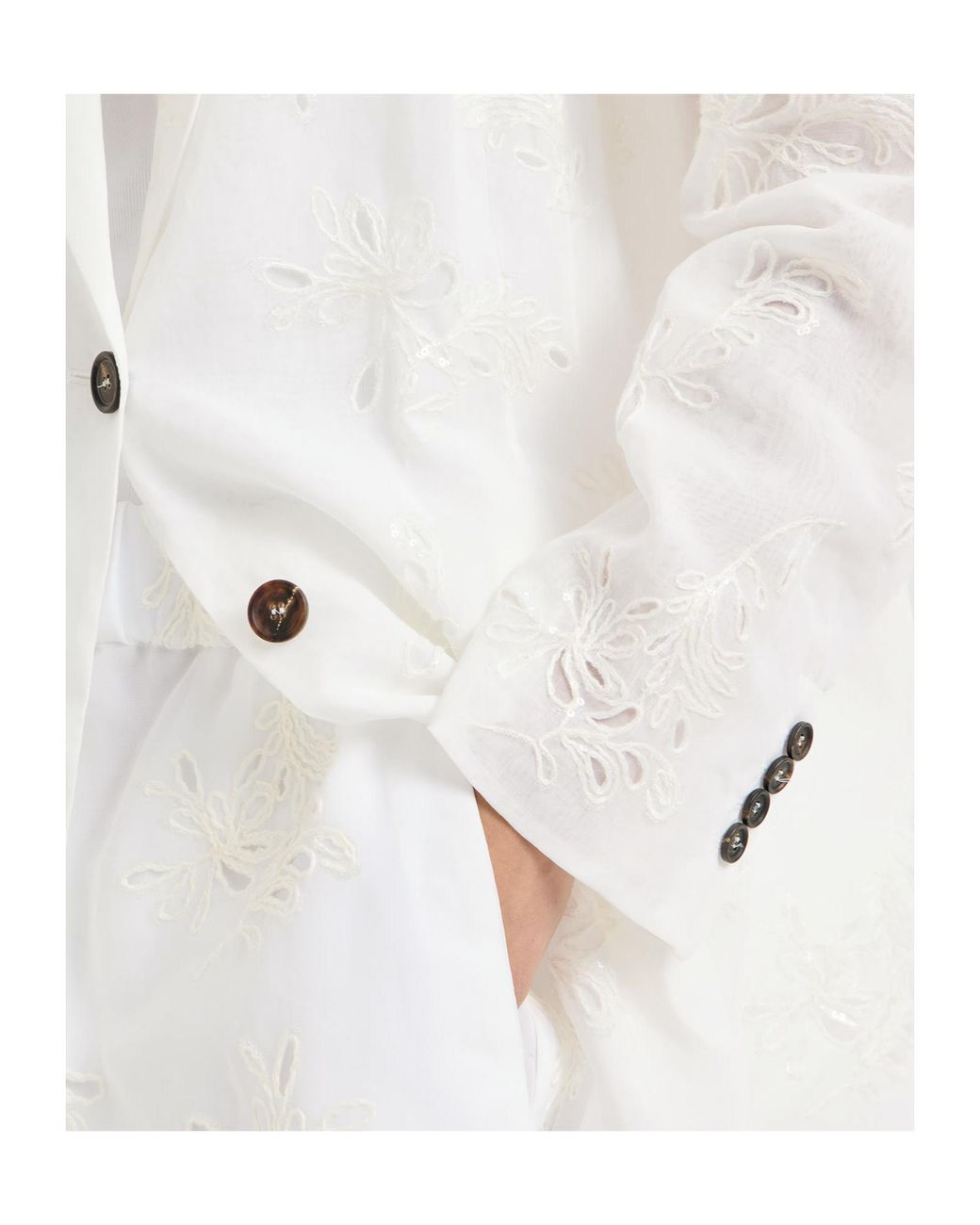 Brunello Cucinelli White Cotton Organza Blazer With Dazzling Broderie Anglaise With Monili