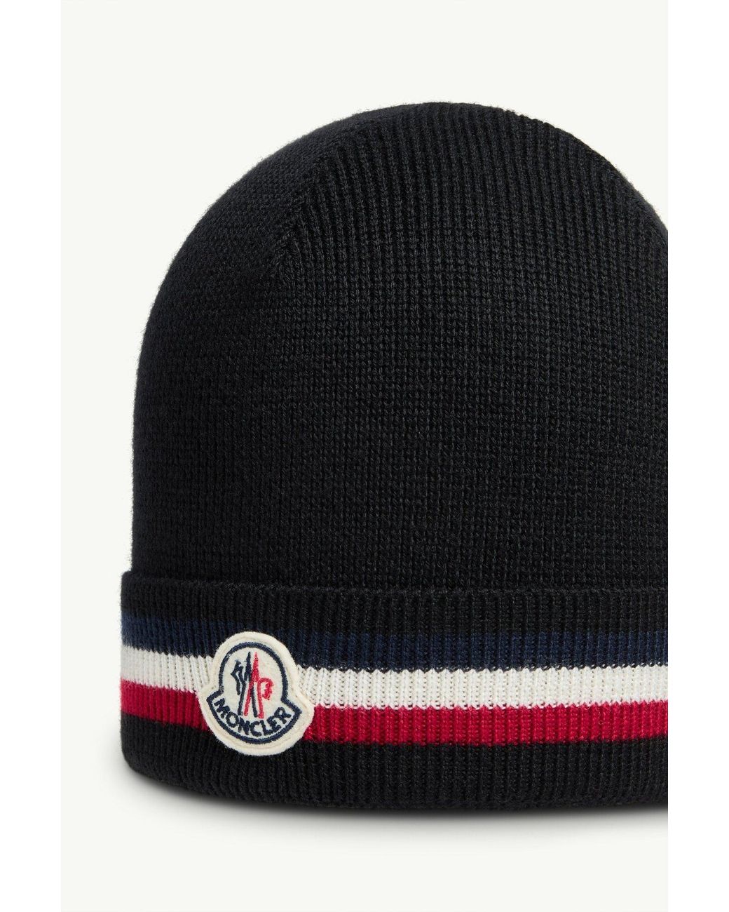 Moncler Black Logo Patch Ribbed Beanie for men