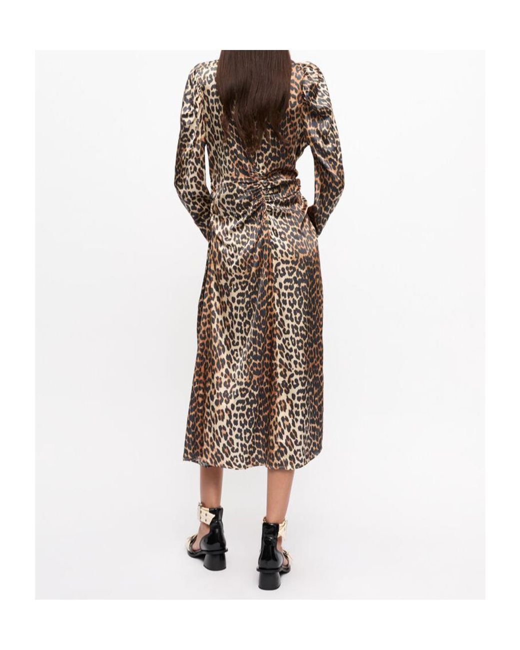 Ganni Multicolor Leopard Print Satin Ruched Midi Dress