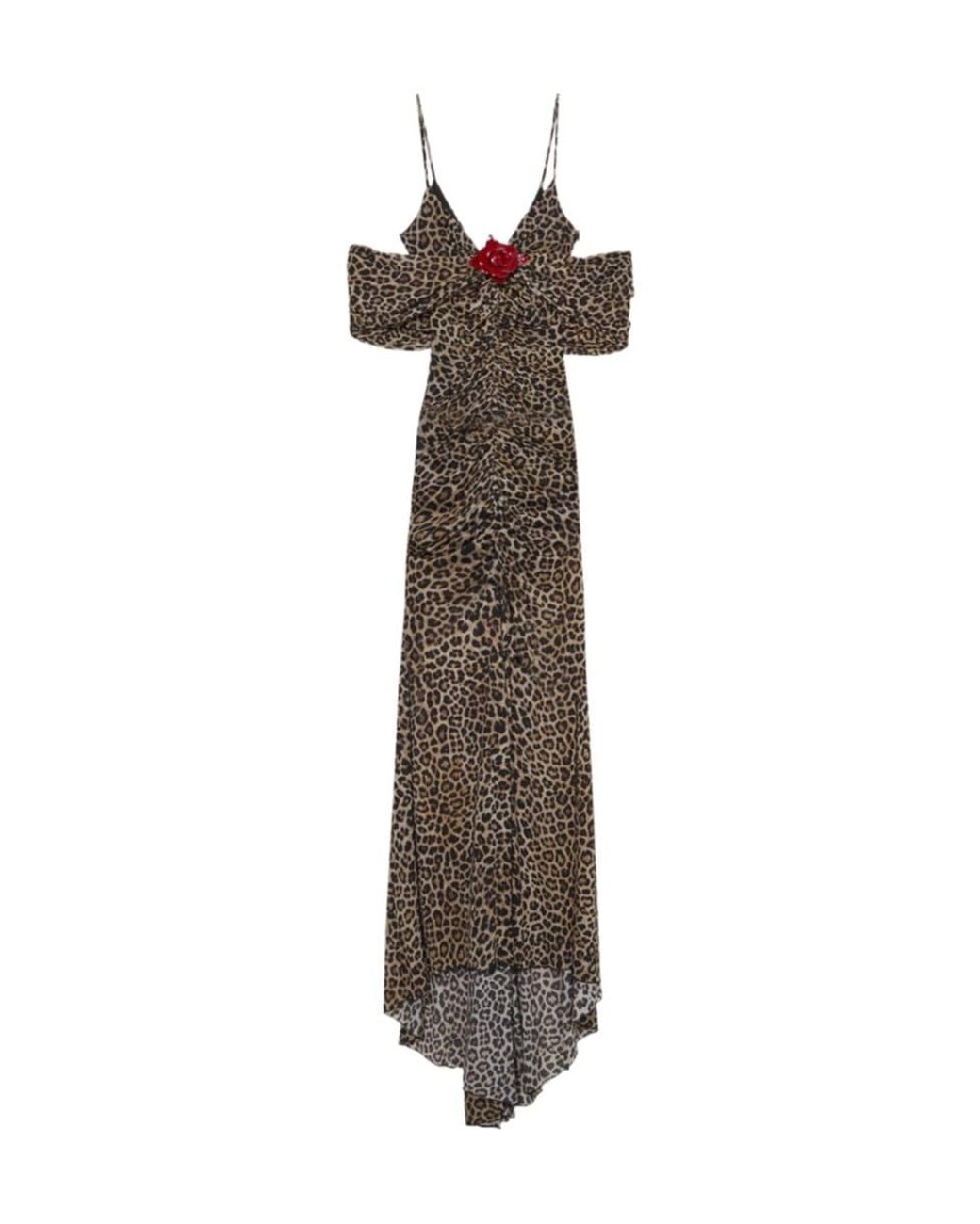 Blumarine Brown Leopard-Print Brooch-Detail Maxi Dress