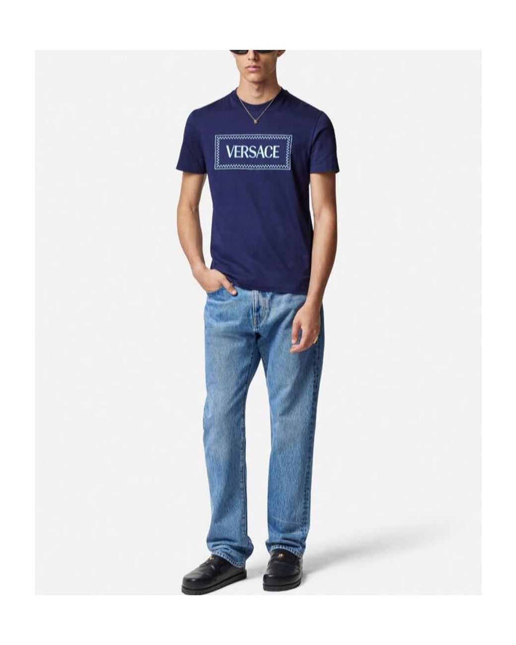 Versace Blue Logo Printed Crewneck T-Shirt for men