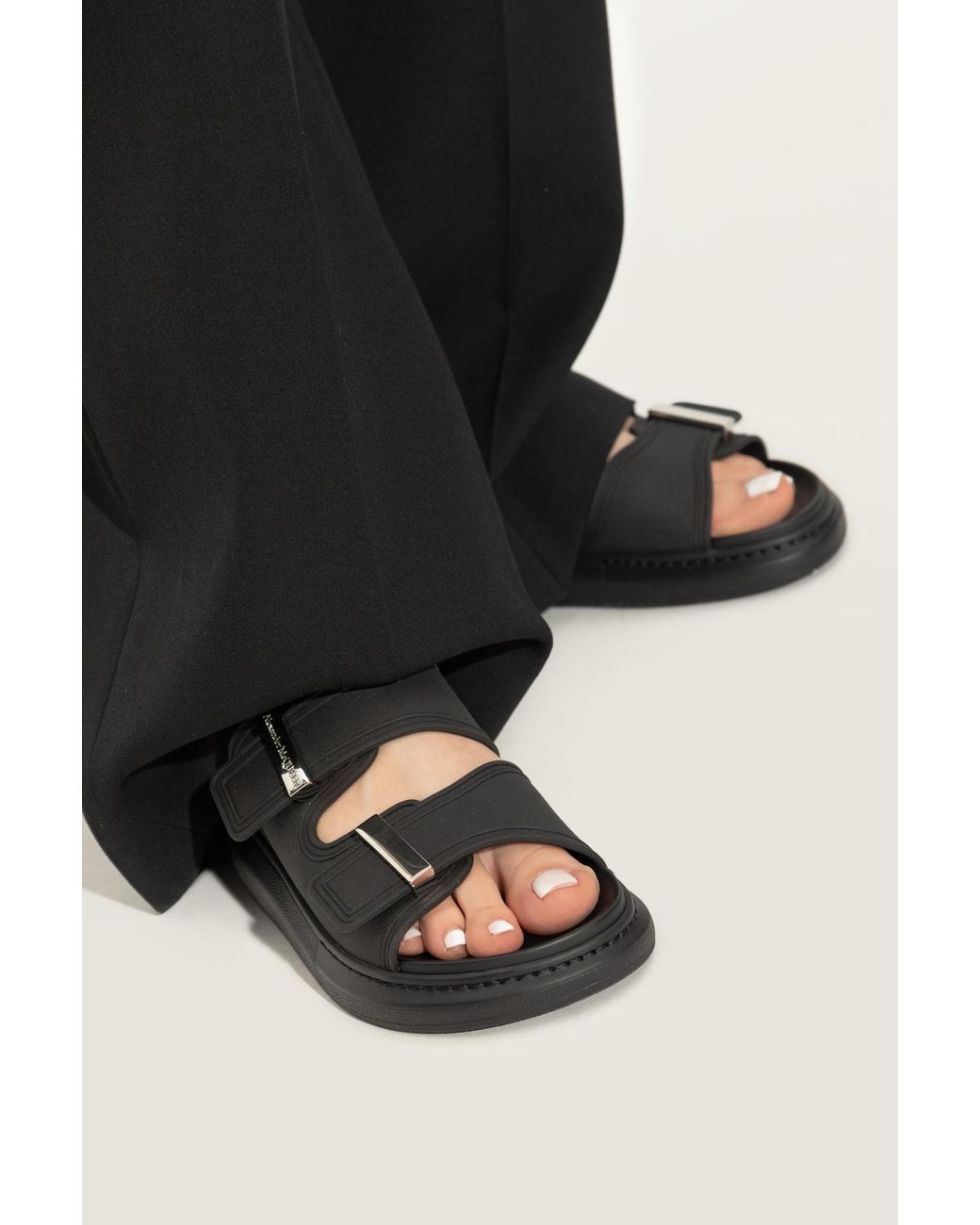McQueen Black Double Strap Slip-On Sandals