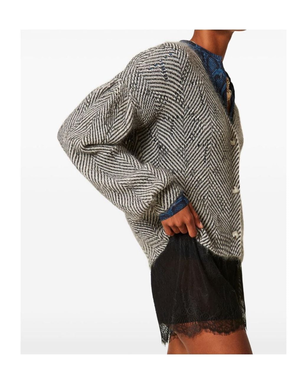 Twinset Gray Cropped Balloon-Sleeve Cardigan