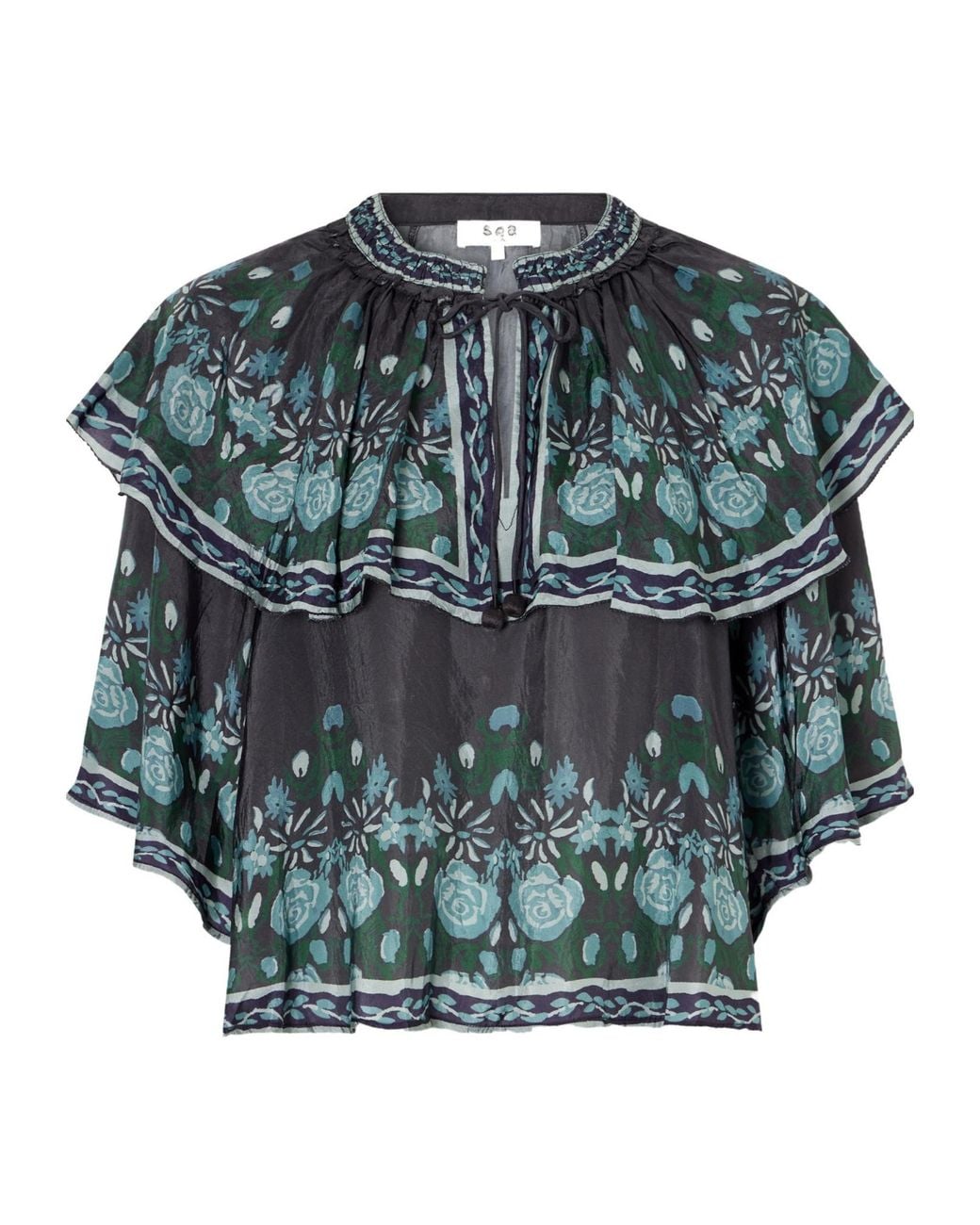 Sea Gray Tulla Cape-Detailed Printed Habotai Blouse