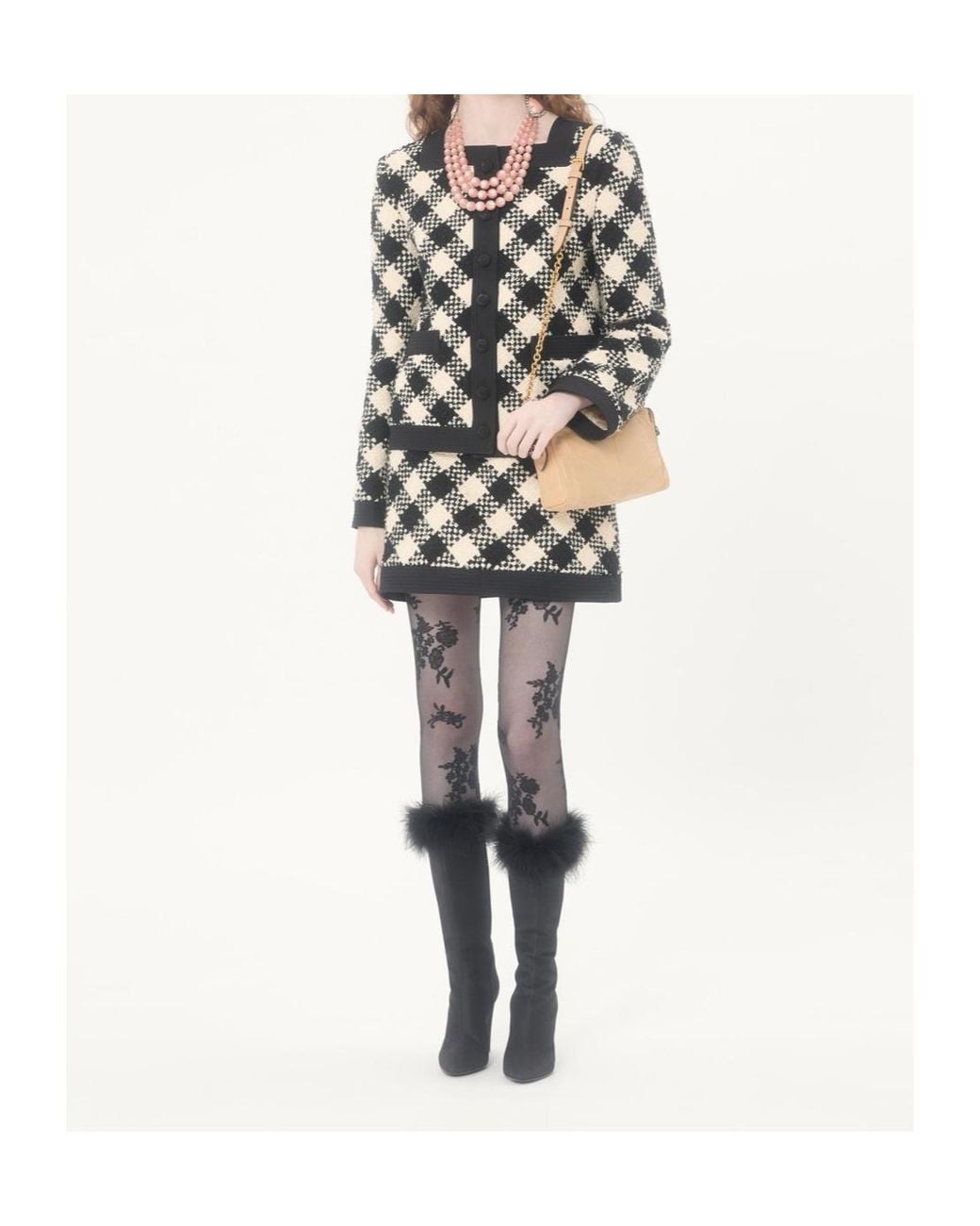 Valentino Black Damier Side Zipped Tweed Mini Skirt