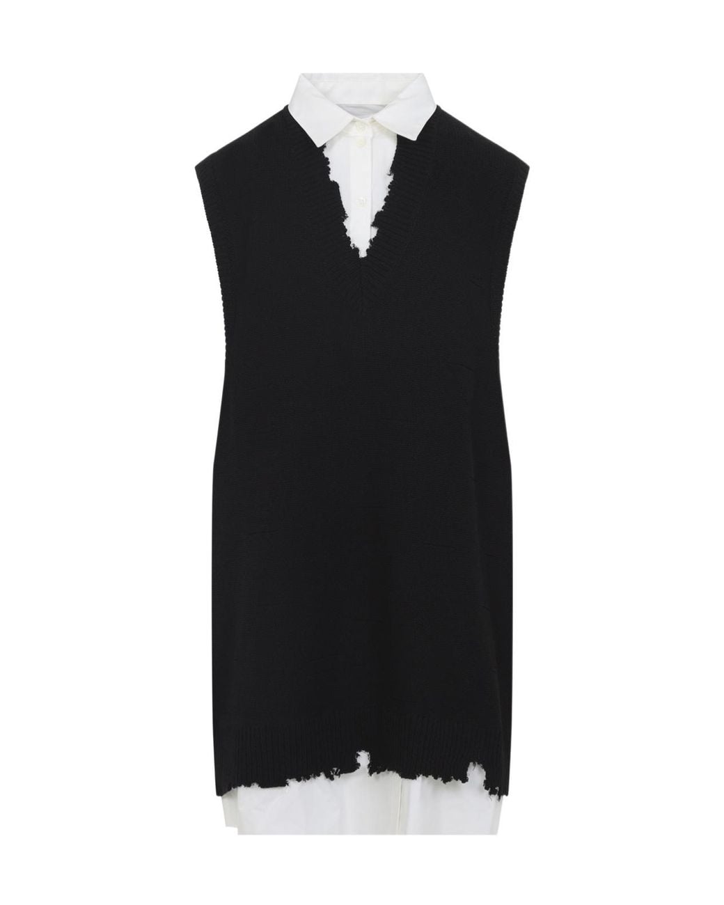 MM6 by Maison Margiela Black Frayed V-Neck Knitted Dress