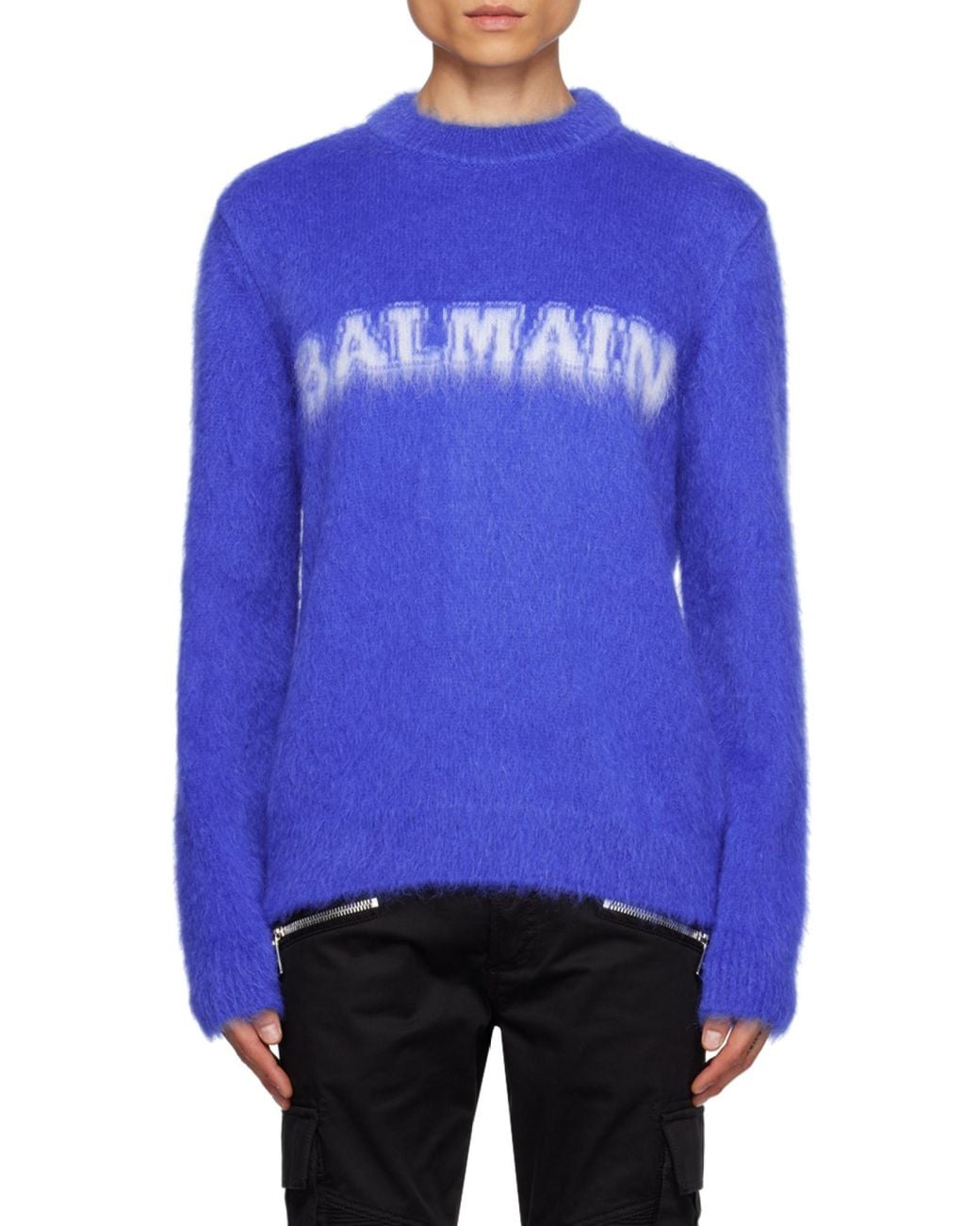 Balmain Blue Retro Brushed Crewneck Jumper for men