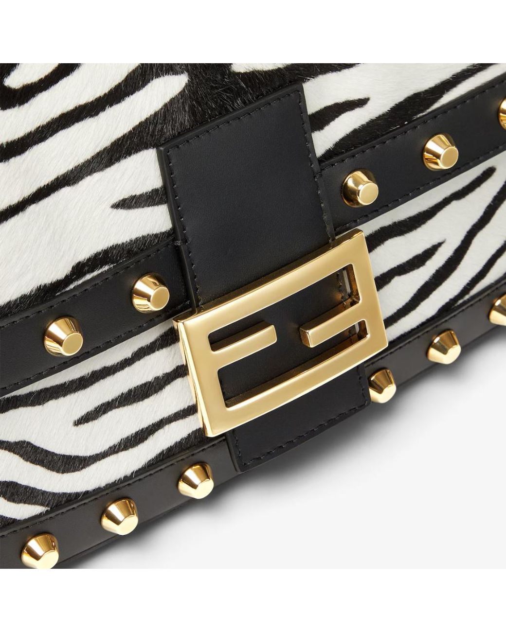 Fendi White Baguette 26424 Tiger-Stripe Print Pony-Effect Leather Bag With Studs
