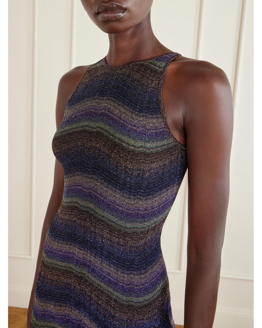 Missoni Blue Metallic Striped Crochet-Knit Mini Dress