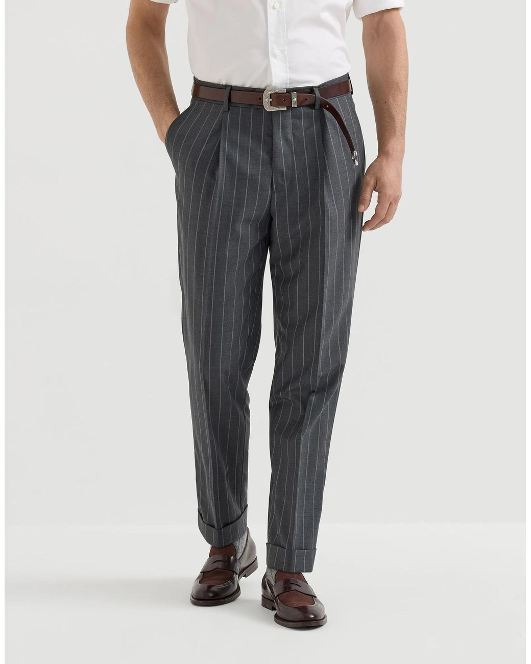 Brunello Cucinelli Gray Super 150S Virgin Wool Wide Chalk Stripe Batavia Trousers With Pleat for men