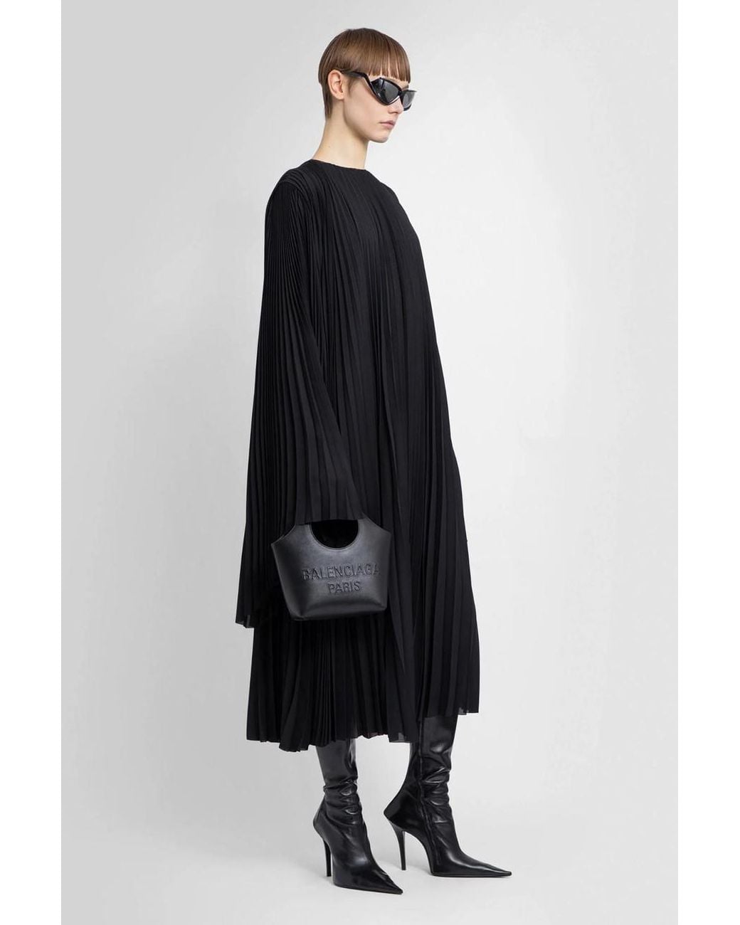Balenciaga Black Pleated Wide-Sleeve Maxi Dress