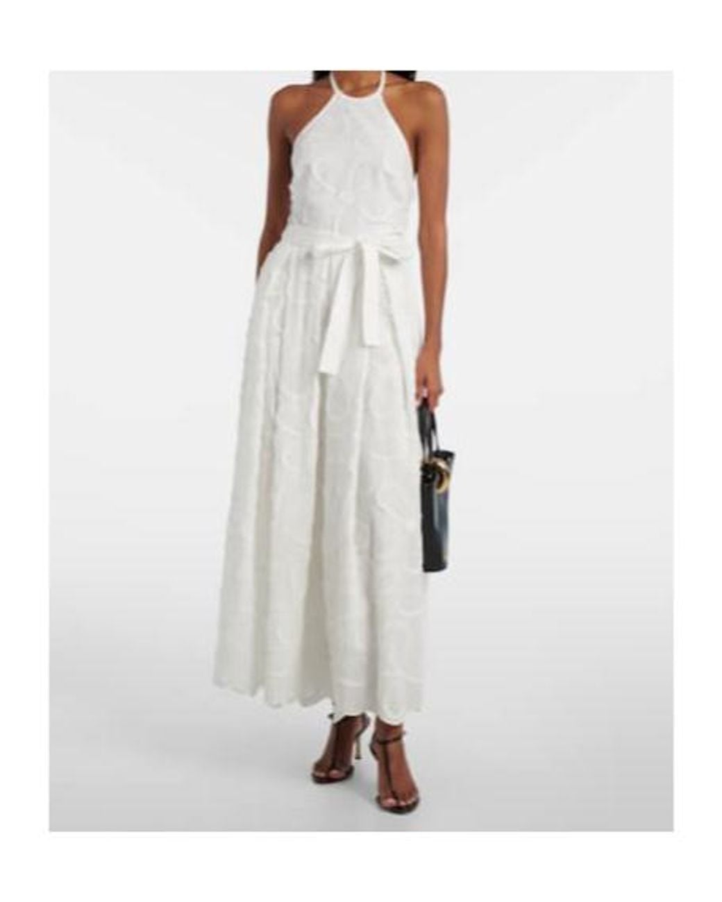 Elie Saab White Embroidered Belted Cotton-Blend Midi Dress