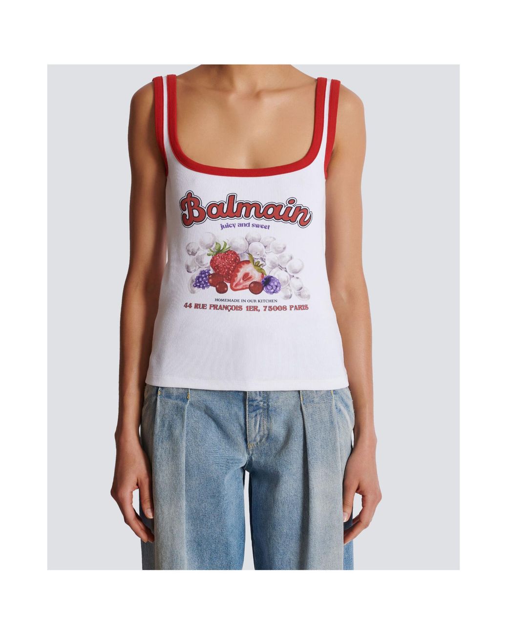 Balmain White Fruit Print Tank Top