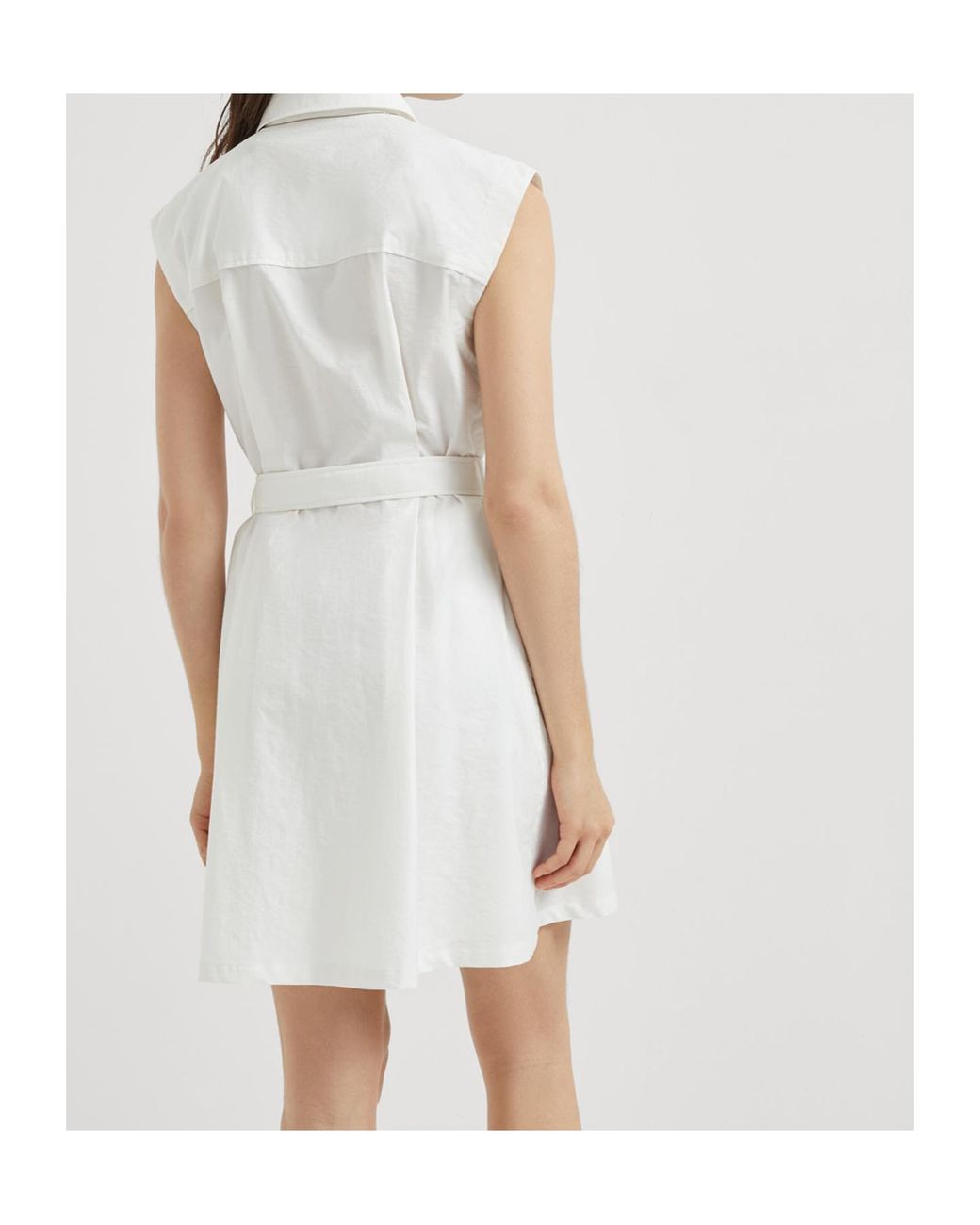 Brunello Cucinelli White Embellished Texture Twill Belted Mini Shirt Dress