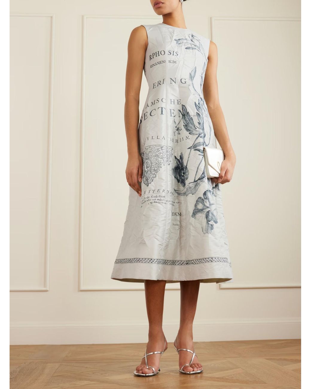 Erdem Blue Printed Satin Twill Midi Dress