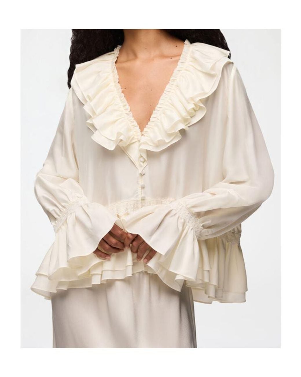 Ganni Natural V-Neck Ruffled Lace-Trim Blouse