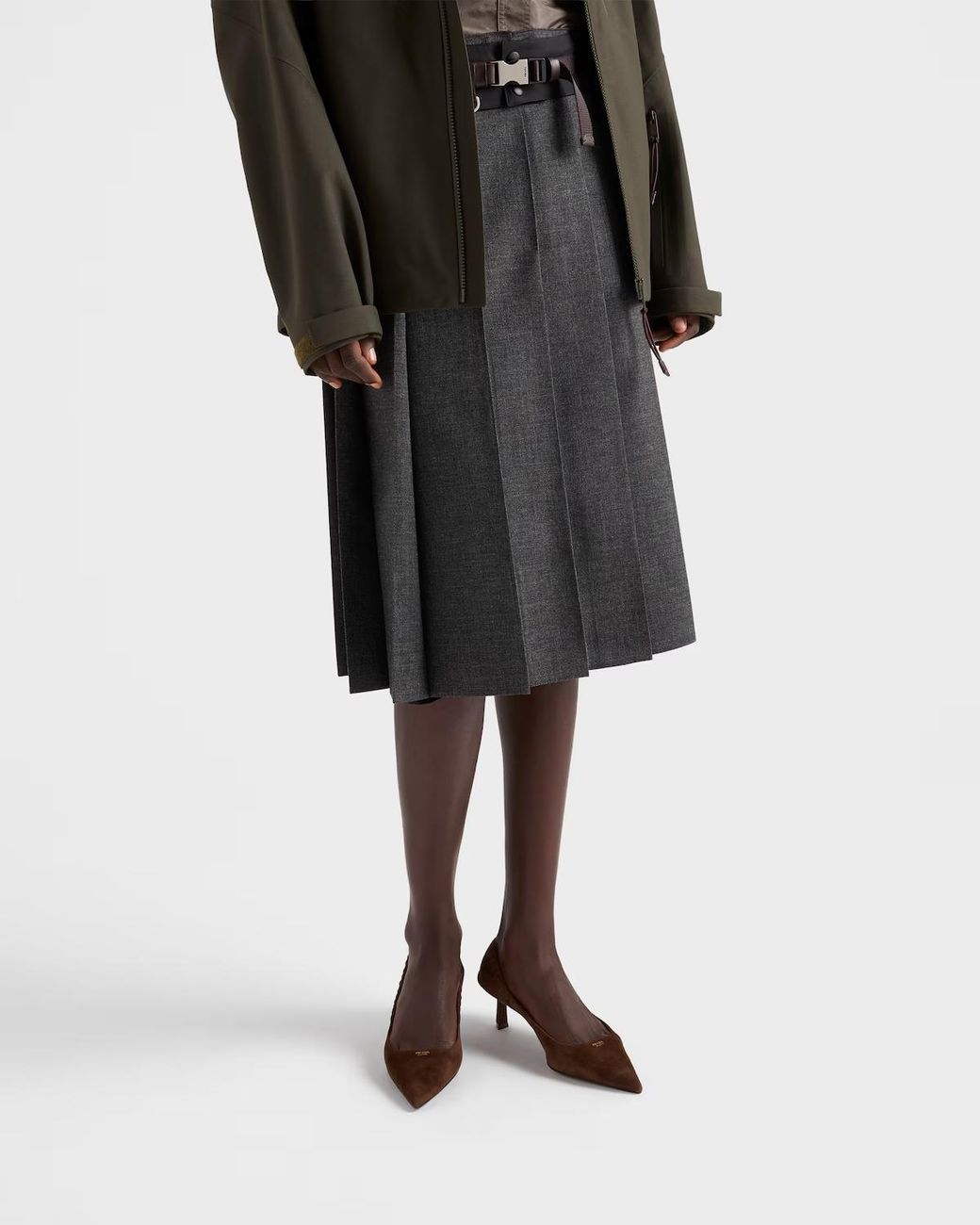 Prada Black Pleated Hopsack And Technical Fabric Skirt