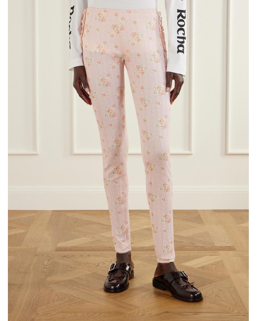 Simone Rocha Natural Ruffled Floral-Print Pointelle-Knit Cotton-Jersey Leggings
