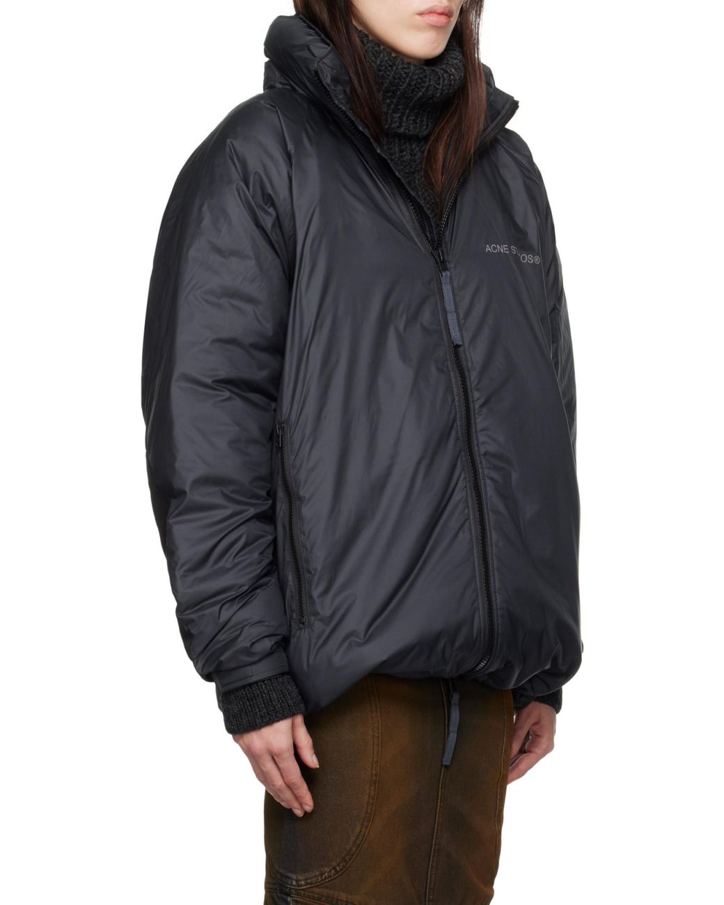 Acne Gray Logo Printed Zipped Downjacket for men