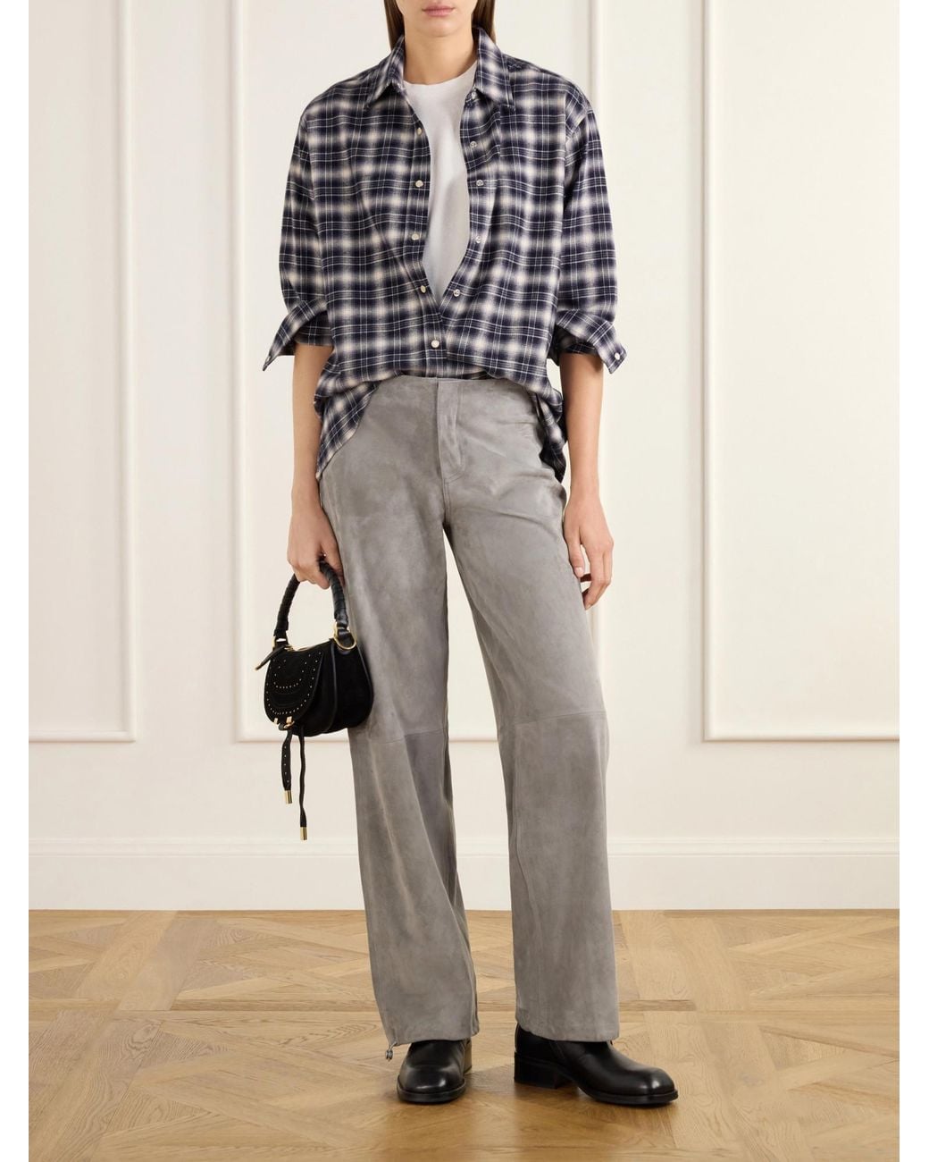 Still Here Gray Suede Low-Rise Straight-Leg Pants