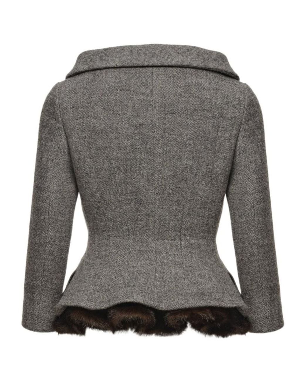 Magda Butrym Gray Herringbone-Pattern Faux-Fur-Trim Blazer