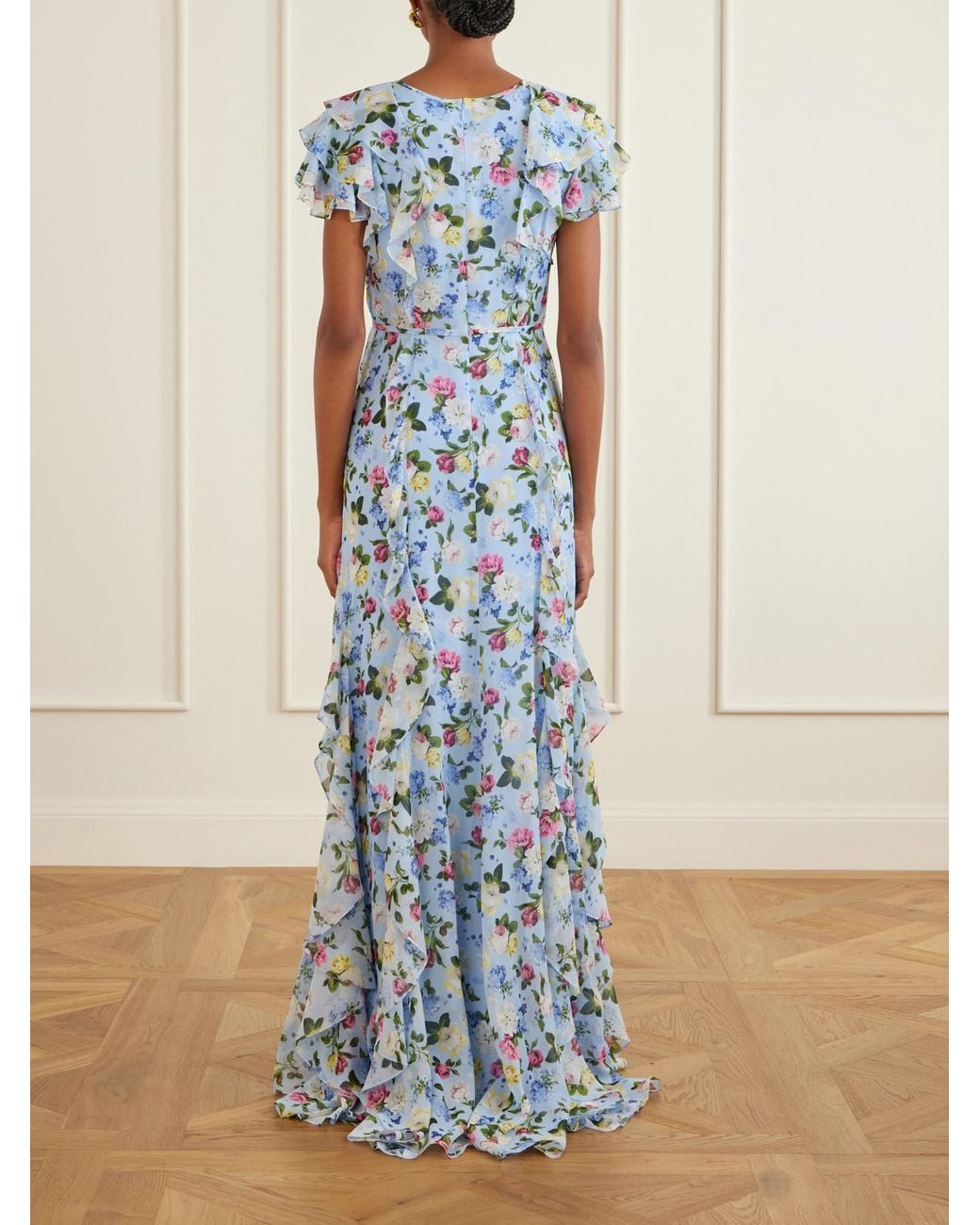 Carolina Herrera Blue Floral-Printed Silk Chiffon Gown