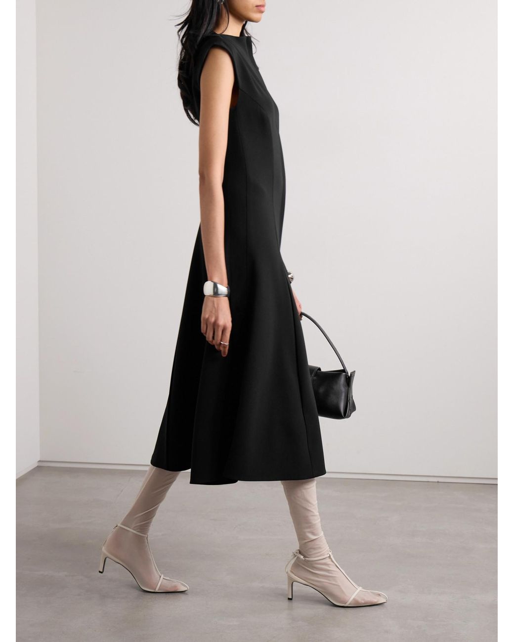 Proenza Schouler Black Georgia Button-Detailed Pleated Crepe Midi Dress