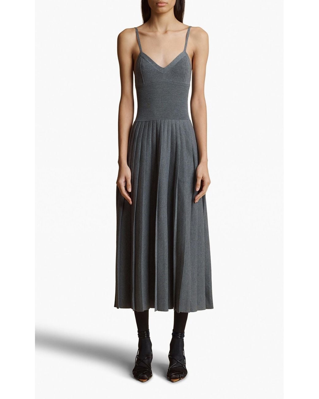 Khaite Blue Elio Spaghetti Strap Pleated Dress