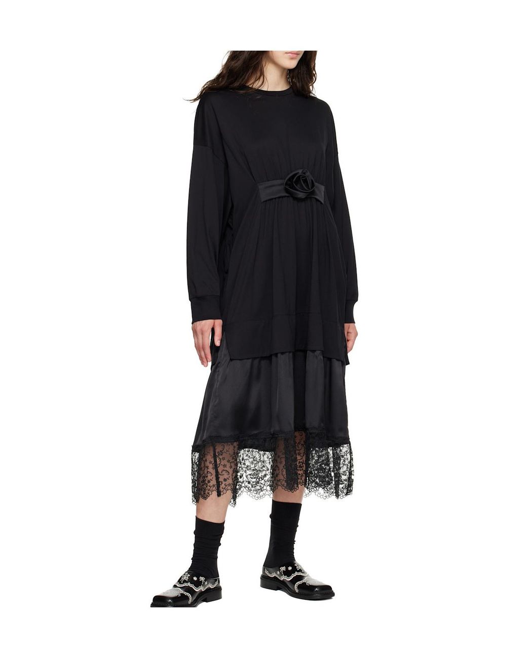 Simone Rocha Black Loose-Fitting Ruffled Rose Lace Dress