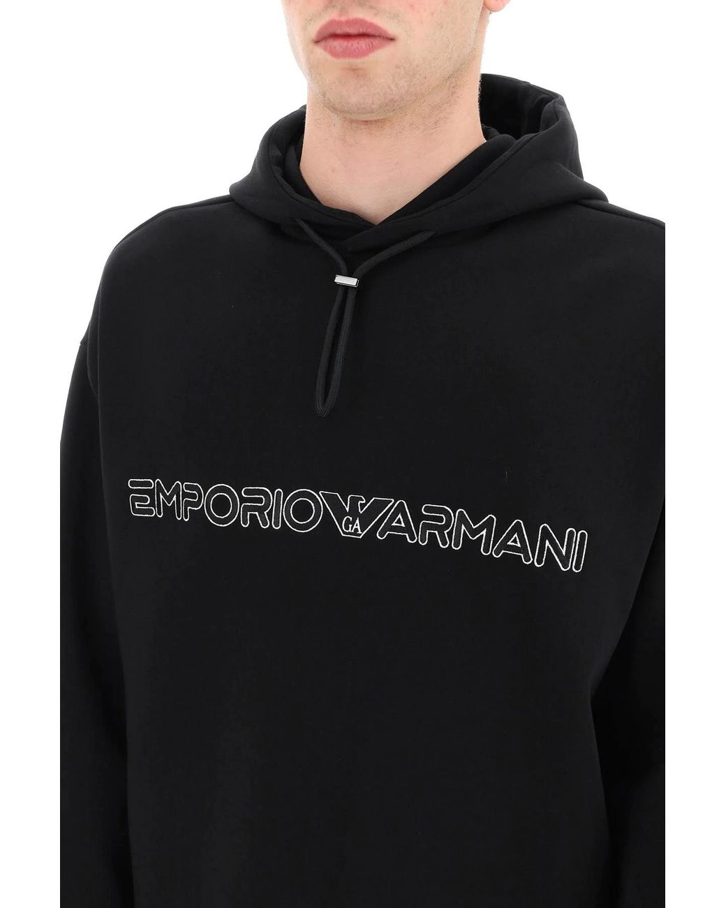 Emporio Armani Black Embroidered-Logo Pullover Hoodie for men