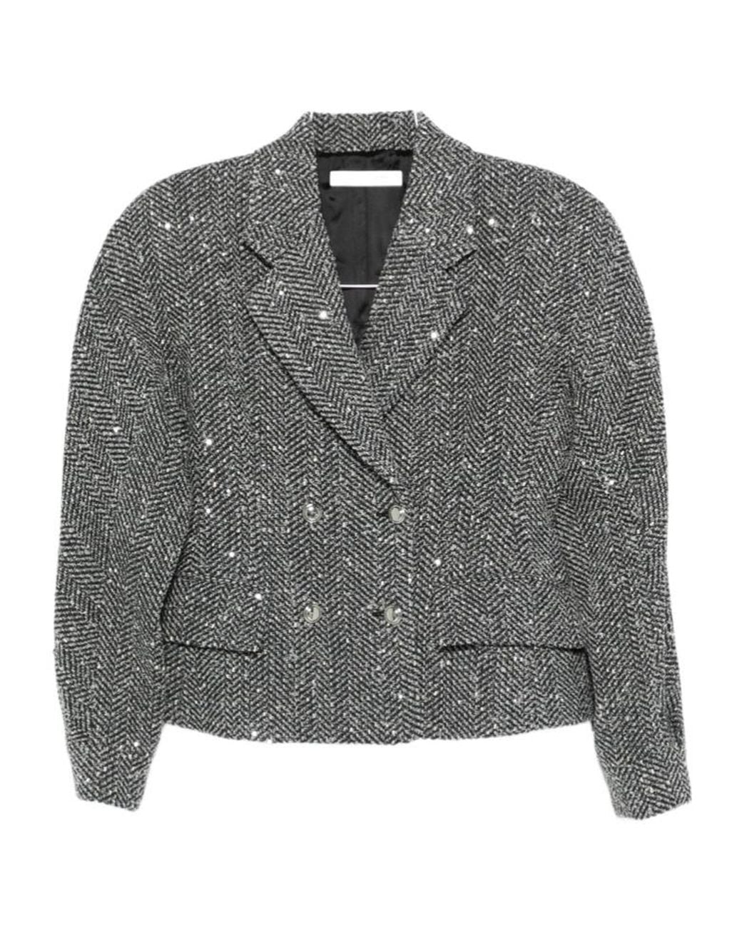 Alessandra Rich Gray Sequin-Embellished Herringbone Jacket