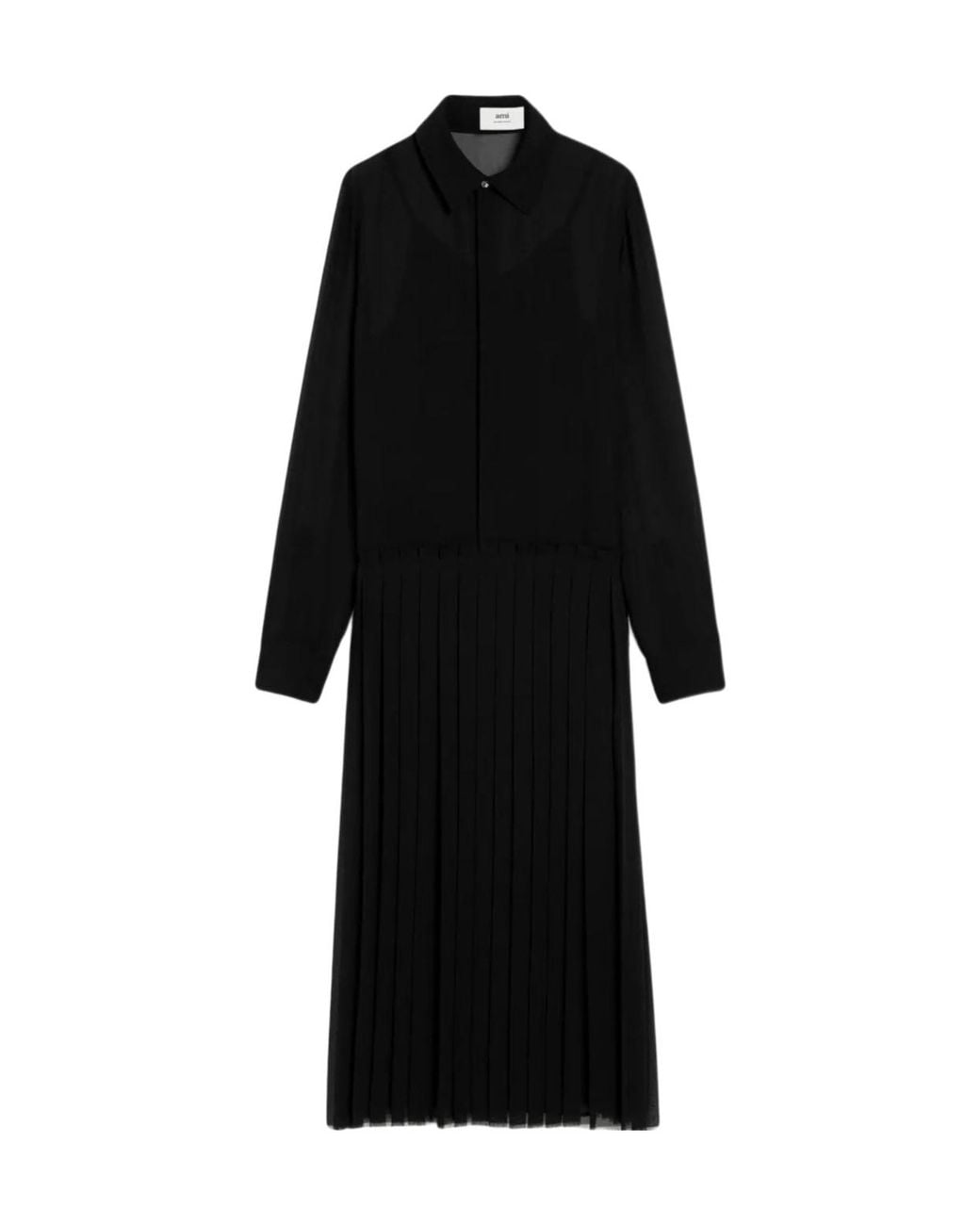 AMI Black Long-Sleeved Pleated Midi Dress