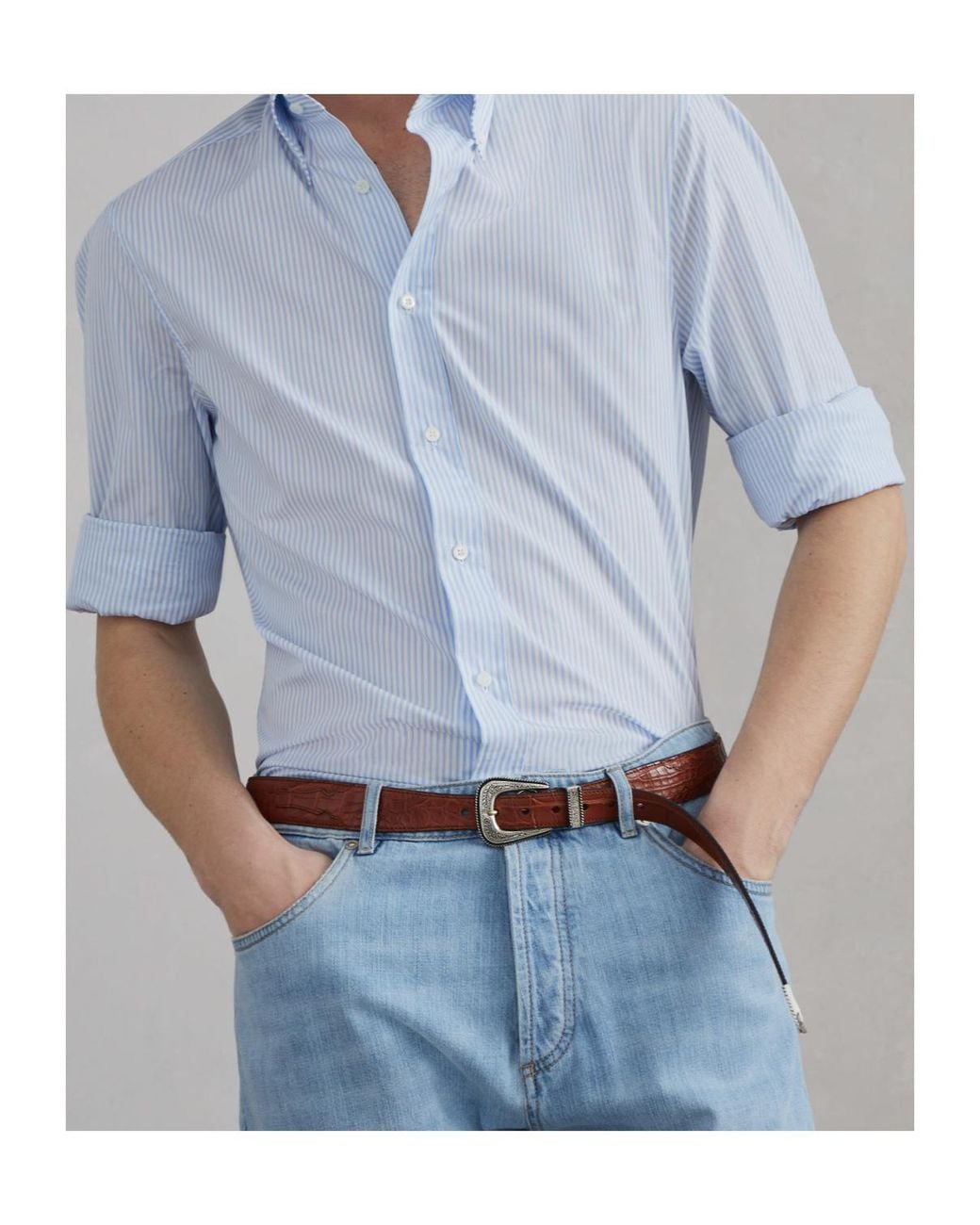 Brunello Cucinelli Blue Pinstriped Long-Sleeved Shirt for men