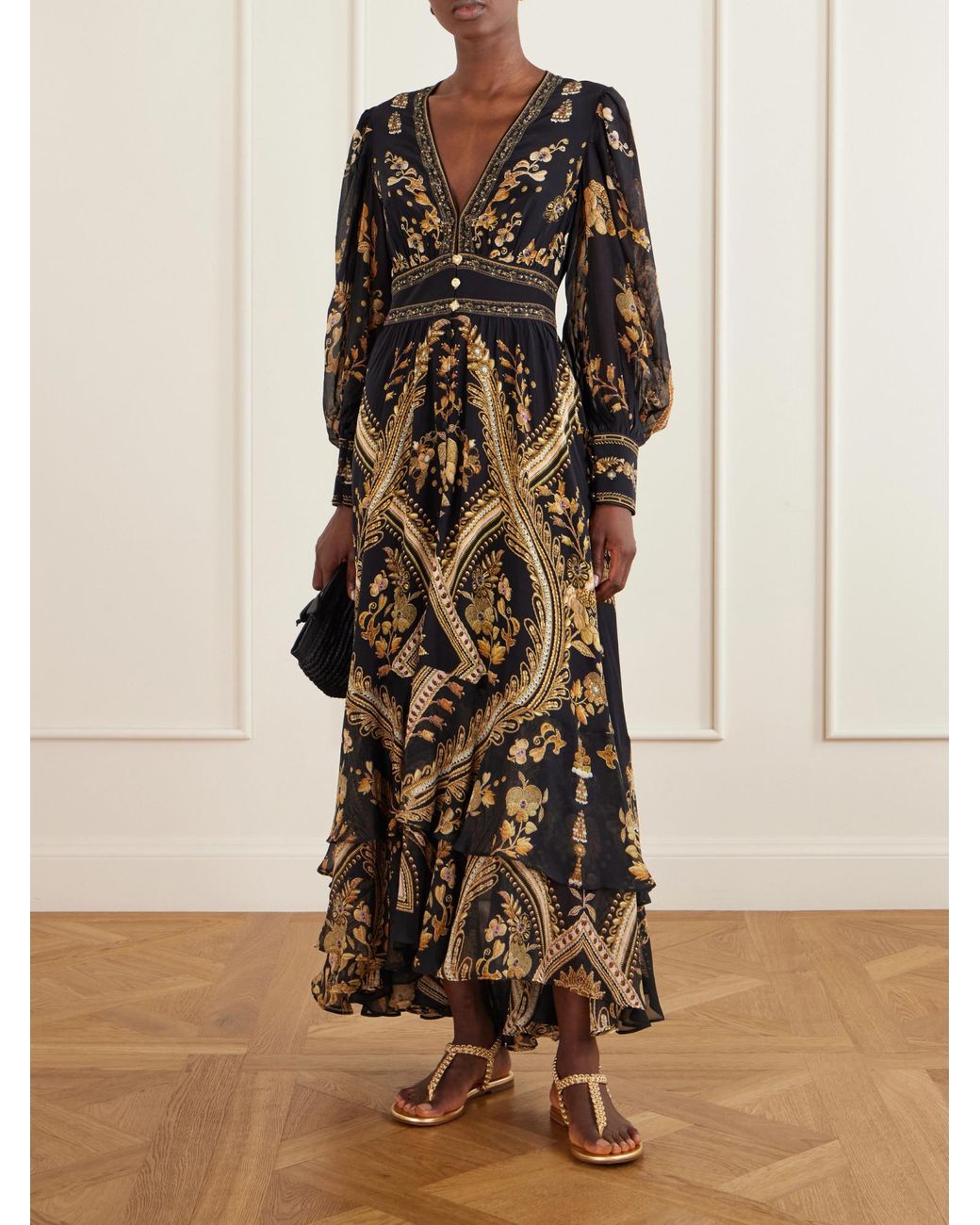 Camilla Black Embroidered Printed Silk-Crepe Maxi Dress