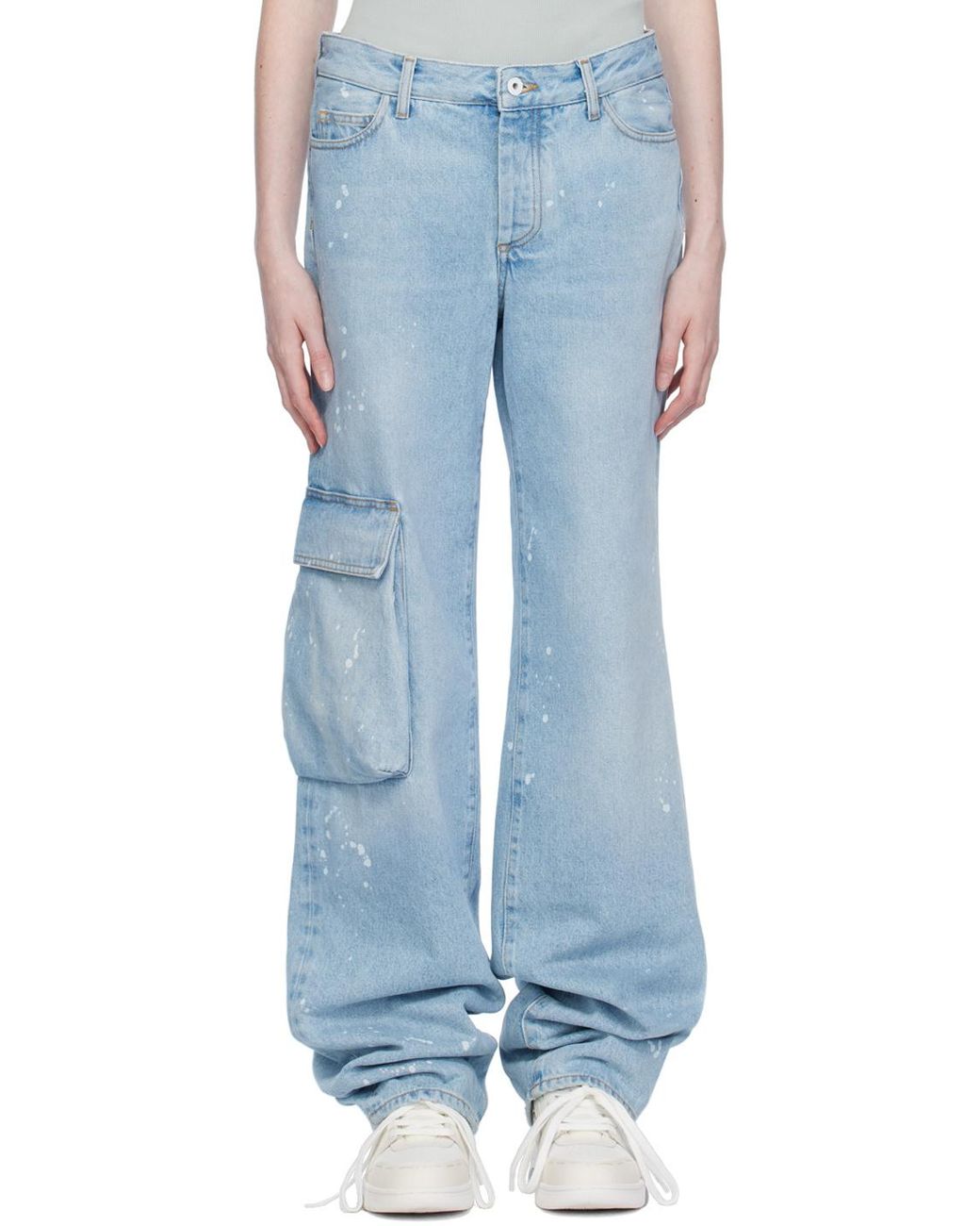 Off-White c/o Virgil Abloh Blue Toybox Painted Logo Patch Wide Leg Jeans