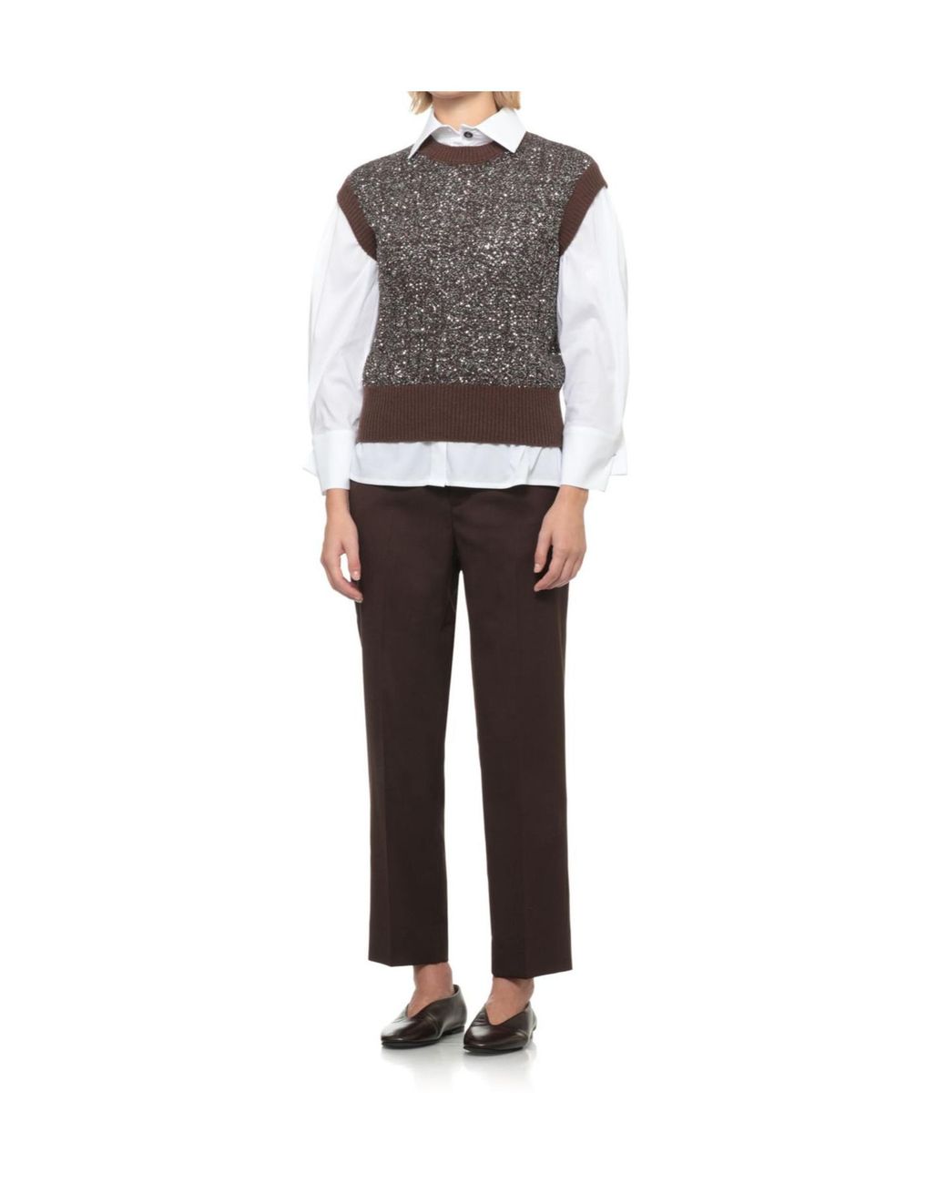 D.exterior Brown Sequined Sleeveless Knitted Top