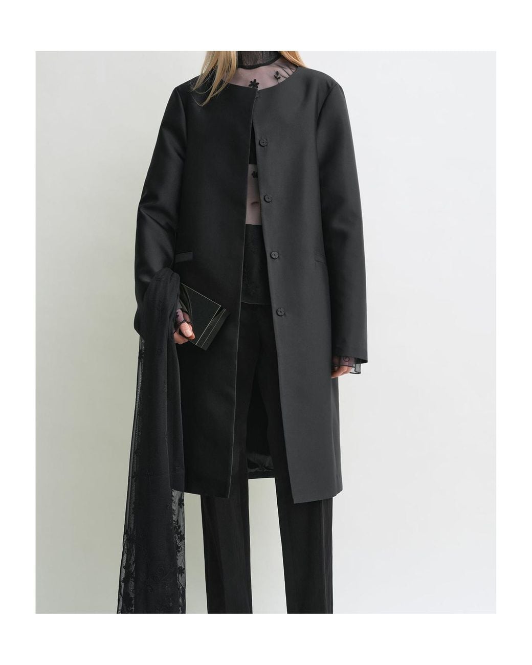 Totême Black Collarless Silk Coat