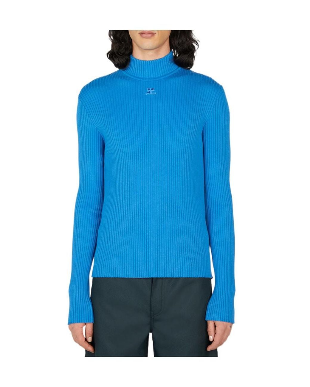 Courreges Blue Ribbed-Knit Mock-Neck Jumper for men