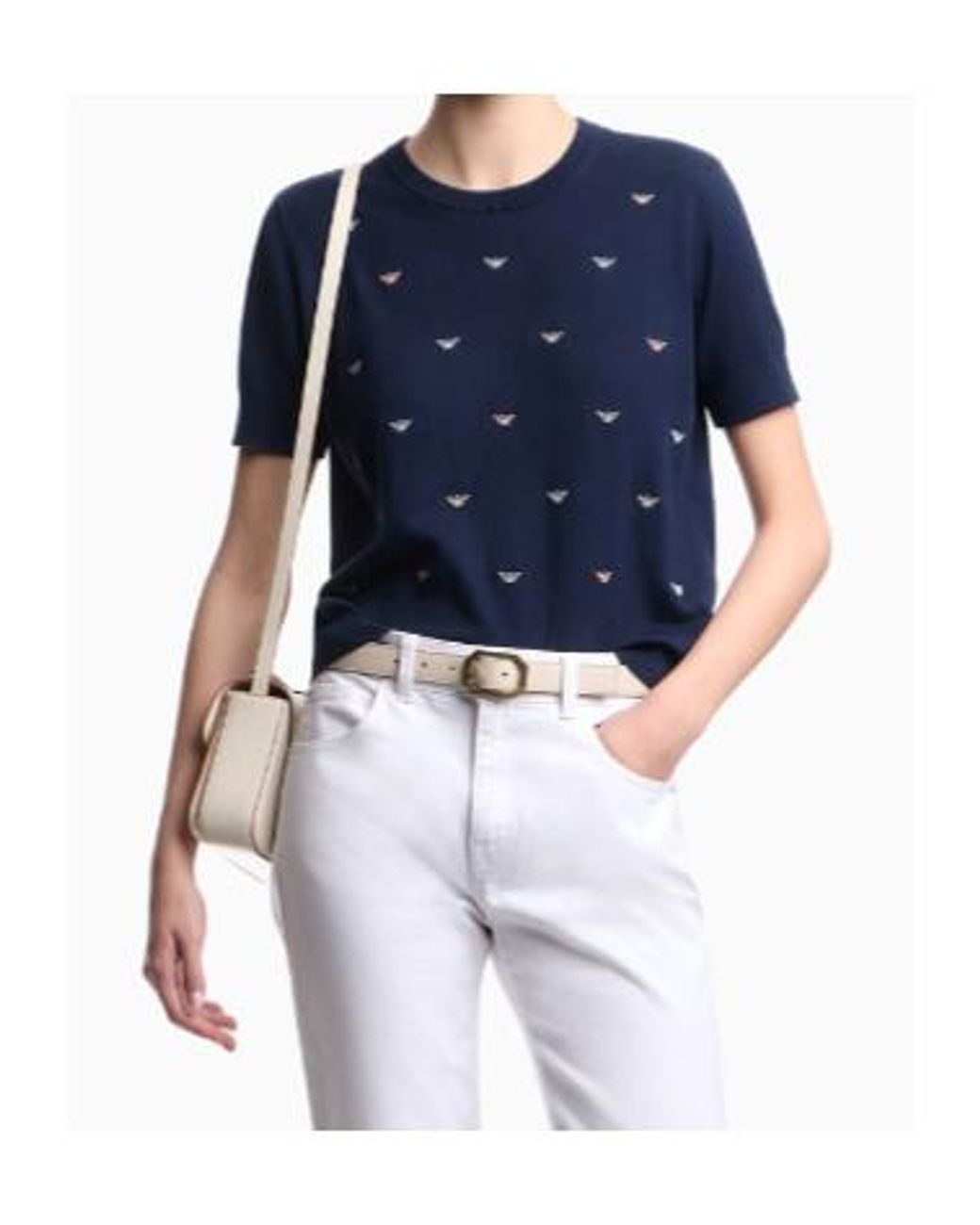 Emporio Armani Blue Logo-Embroidered Short-Sleeve Sweater