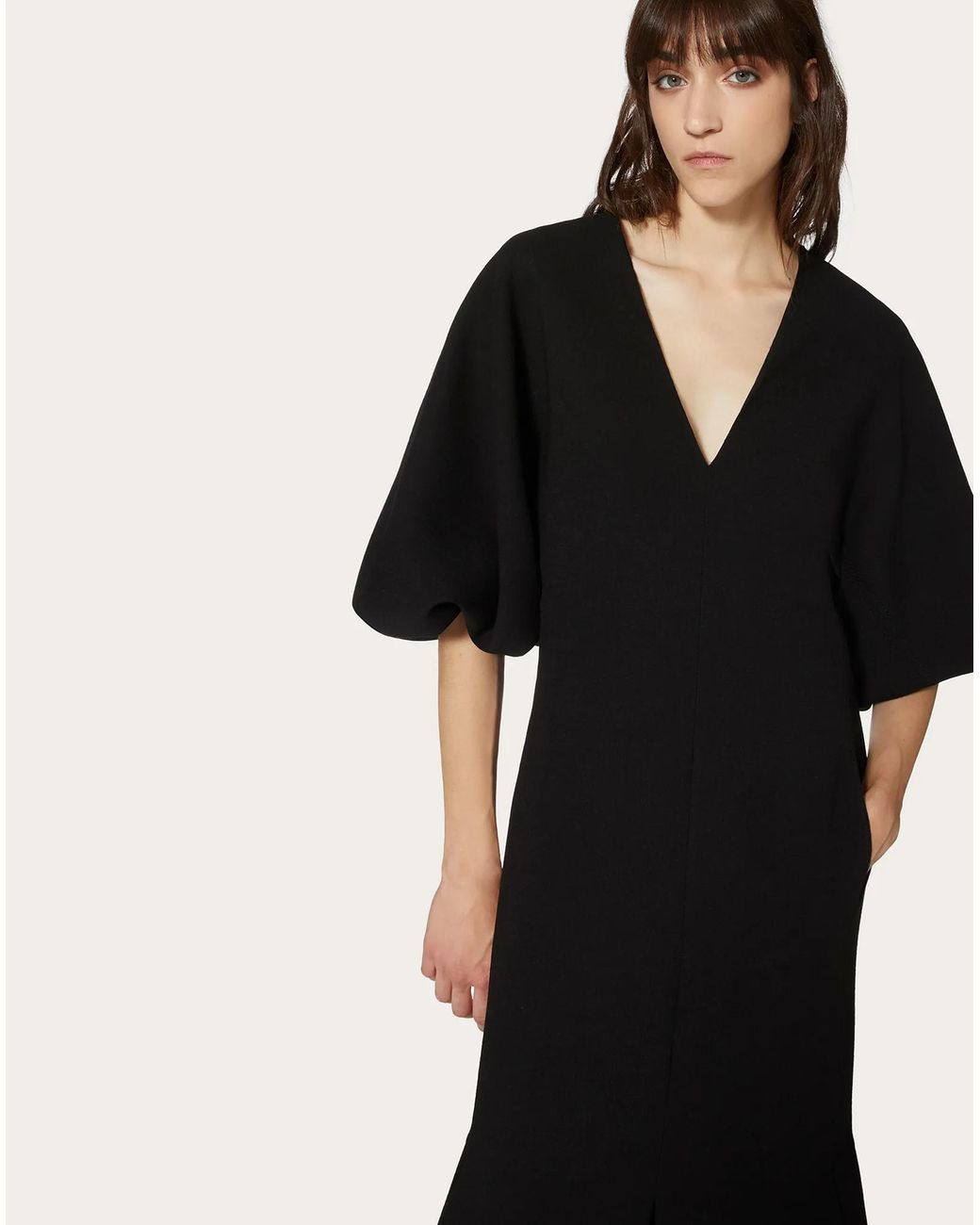 Valentino Black Gathered-Sleeve V-Neck Midi Dress
