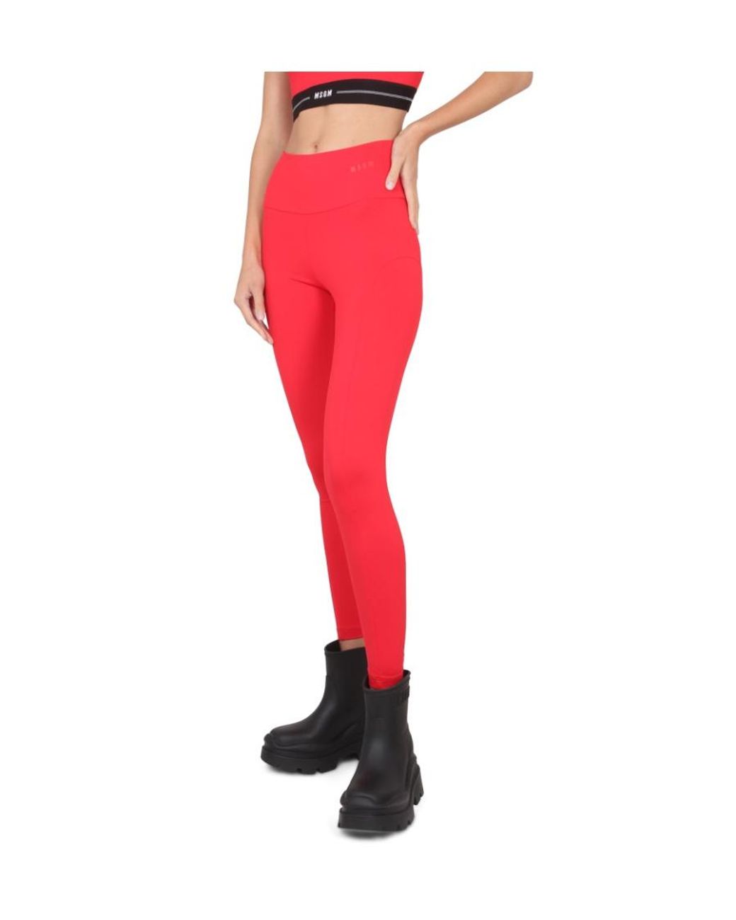 MSGM Red Logo Detailed High Waist Leggings